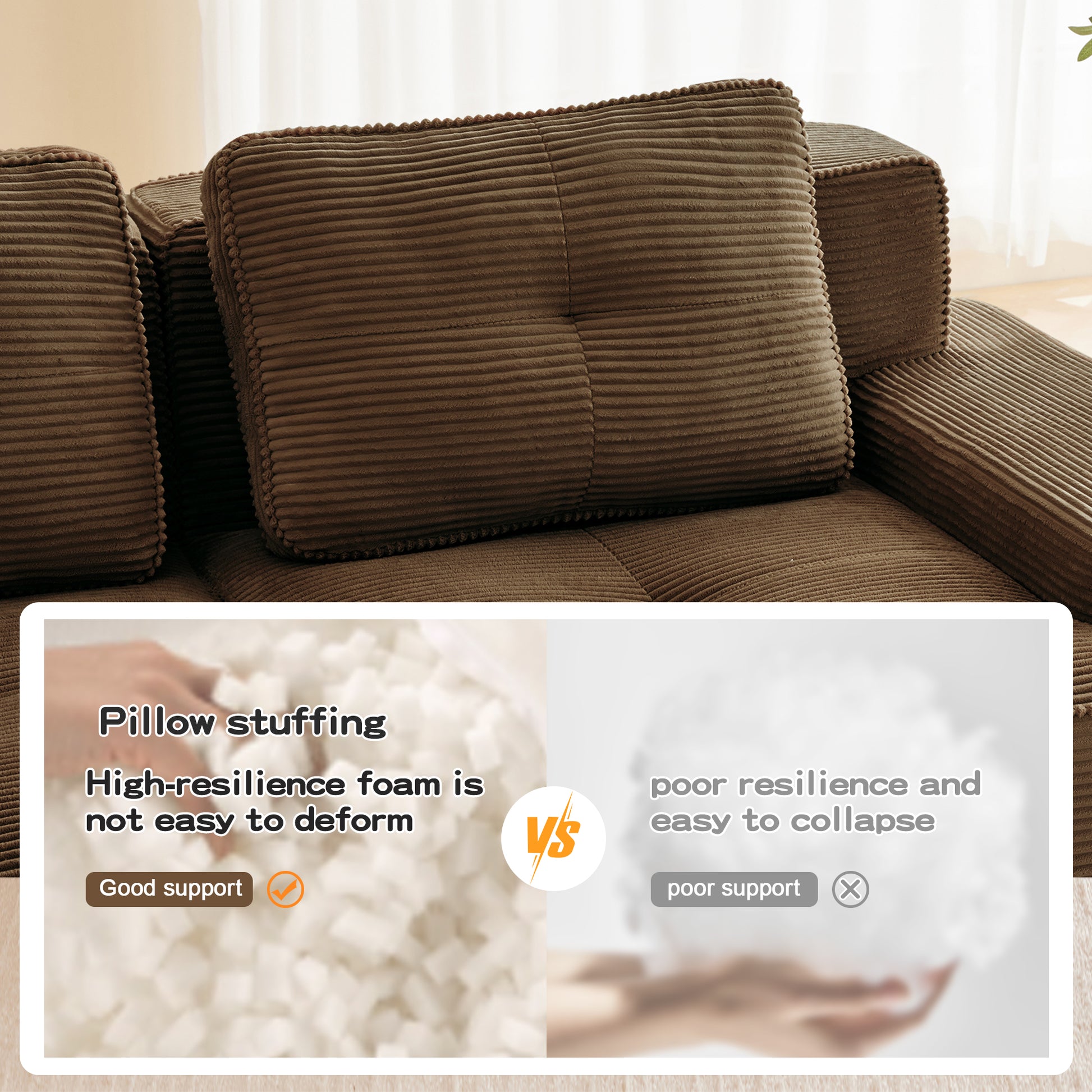 117" Modern Modular Sectional Sofa for Living Room, Corduroy Fabric,Oversized 3-Seater Couch with Deep Seat, Pearl-like piping, Tufted Design,Buckle connection,No Assembly,Anti-slip Design,Brown image 12