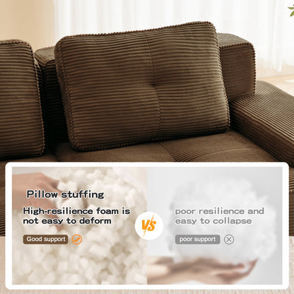 117" Modern L-Shaped Modular Sectional Sofa for Living Room, Corduroy Fabric,3-Seater Couch with Deep Seat and Movable Ottoman,Pearl-like piping, Tufted Design,No Assembly, Anti-slip Design​, Brown image 12