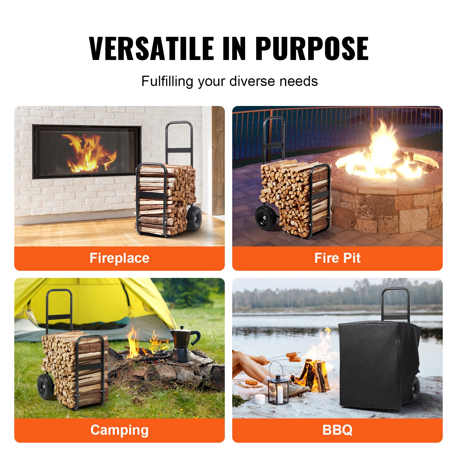 Firewood Log Cart, 250 lbs Capacity, Outdoor and Indoor Wood Rack Storage Mover with PU Wheels & Waterproof Cloth, Heavy Duty Steel Dolly Hauler, Firewood Carrier for Fireplace, Fire Pit, Black image 9