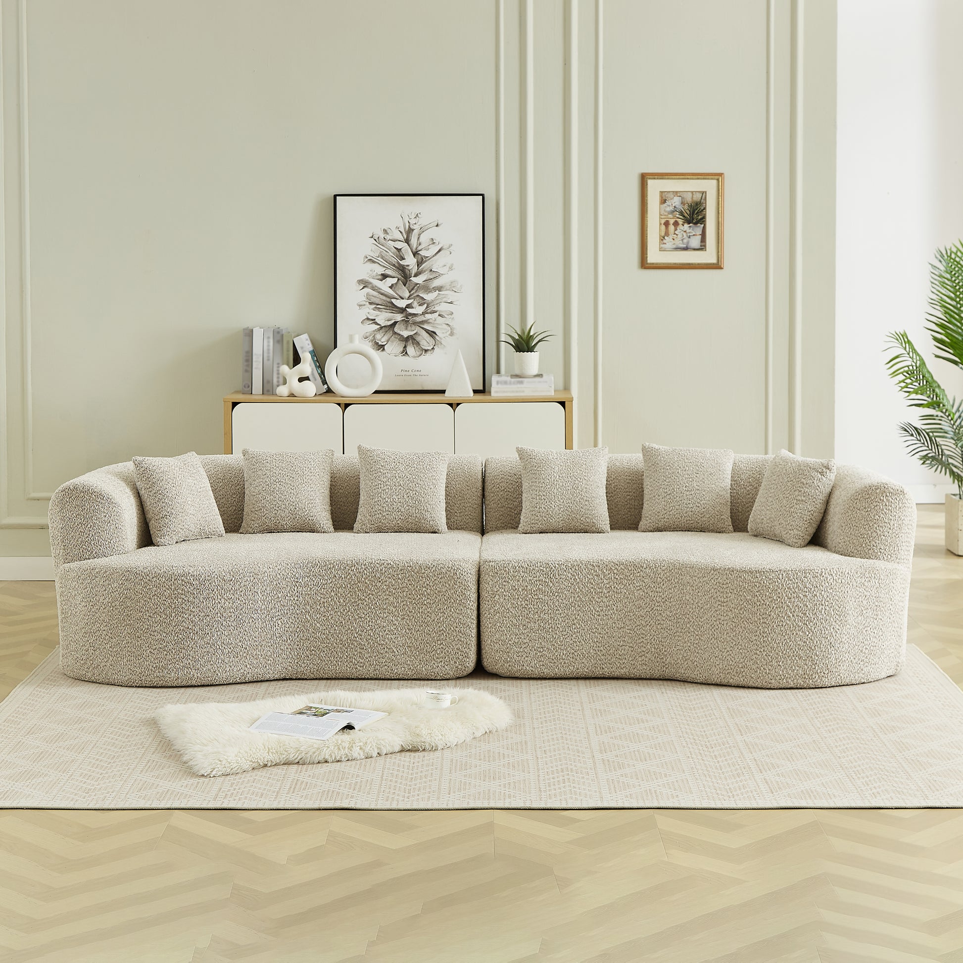 Curved Sectional Sofa, 111.5-inch Oversized Modern Bone-Free Cloud Sofa with 6 Pillows Luxury Chenille Four-Seater Memory Foam Sofa with Deep Seat Design, Light khaki W3505P355582 image 1
