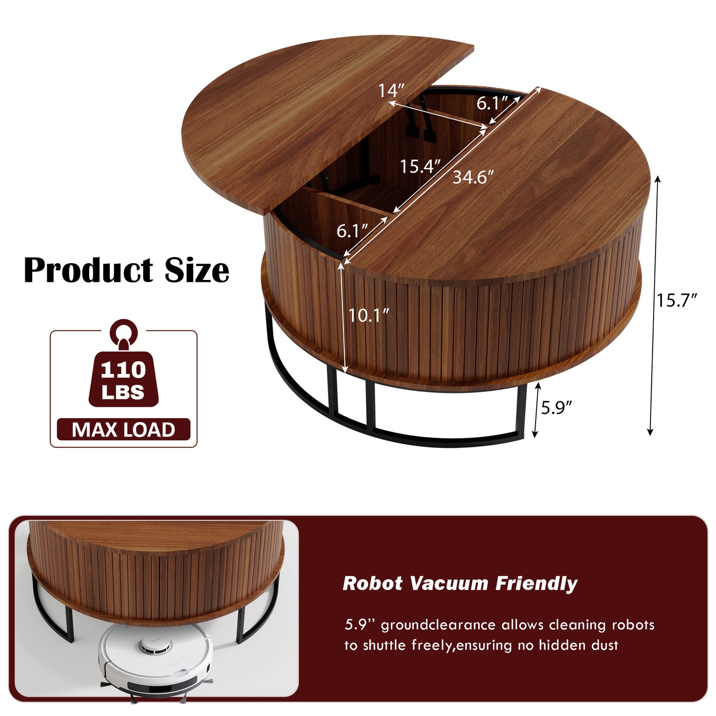 31.5" Round Coffee Table with Storage,Fluted Lift Top Center Table, Midcentury Modern Flip-top Curved Table for Living Room,Walnut image 3