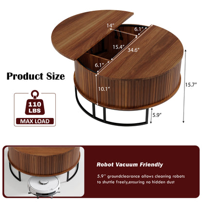31.5" Round Coffee Table with Storage,Fluted Lift Top Center Table, Midcentury Modern Flip-top Curved Table for Living Room,Walnut image 3