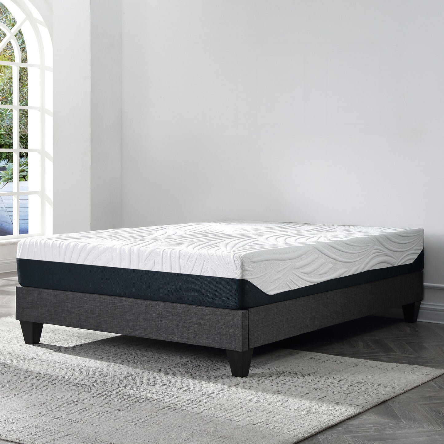 Contemporary Grey Upholstered Platform Bed, Polyester Fabric Bed Frame, Reinforced Support Geometric Foot Platform Bed No Box Spring Needed, Easy Assembly,King image 4