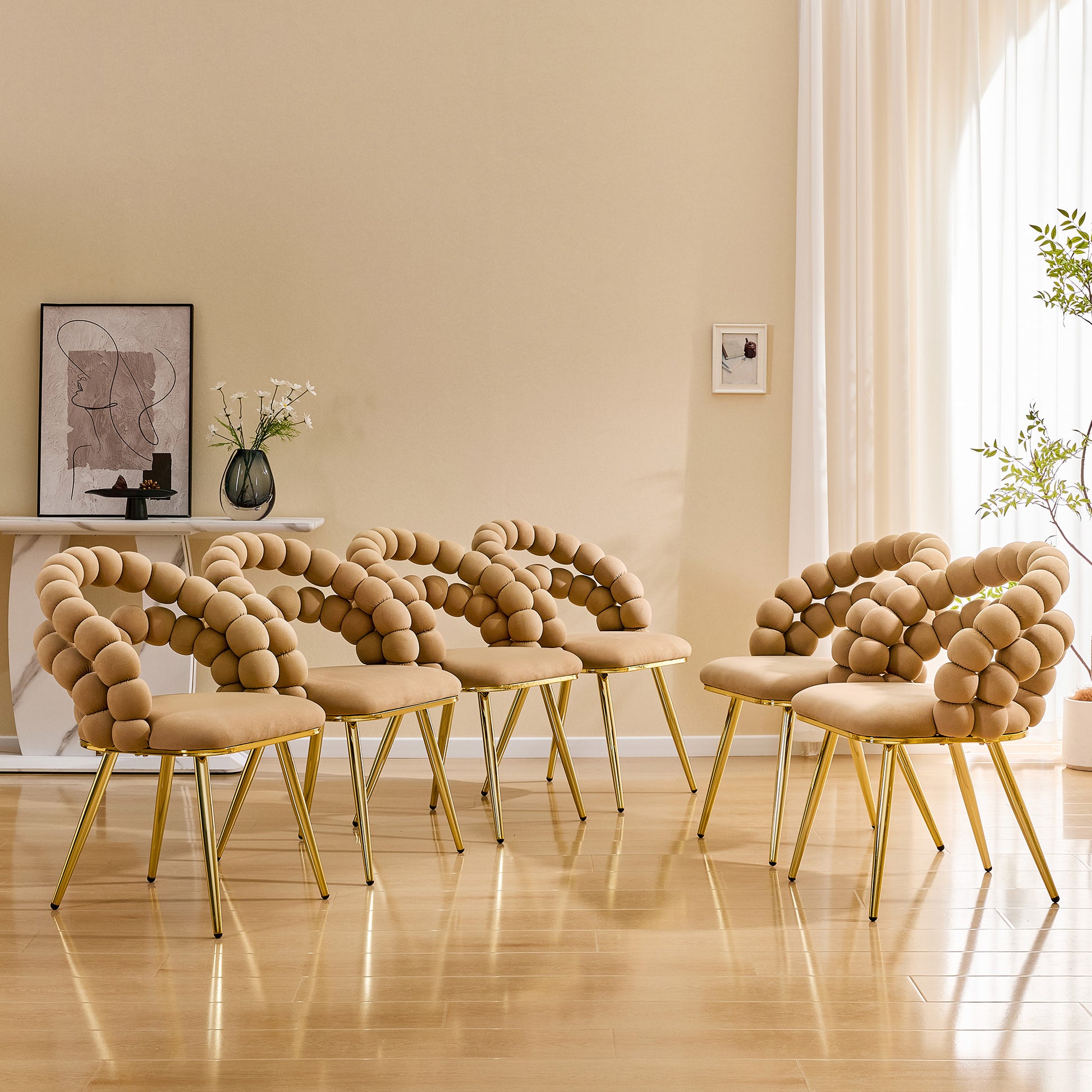 Set of 2 Modern Velvet Dining Chair with Bubble Back, Accent Chair with Gold Metal Legs, Upholstered Vanity Chair for Dining Room, Living Room, Bedroom, Brown & Gold image 8