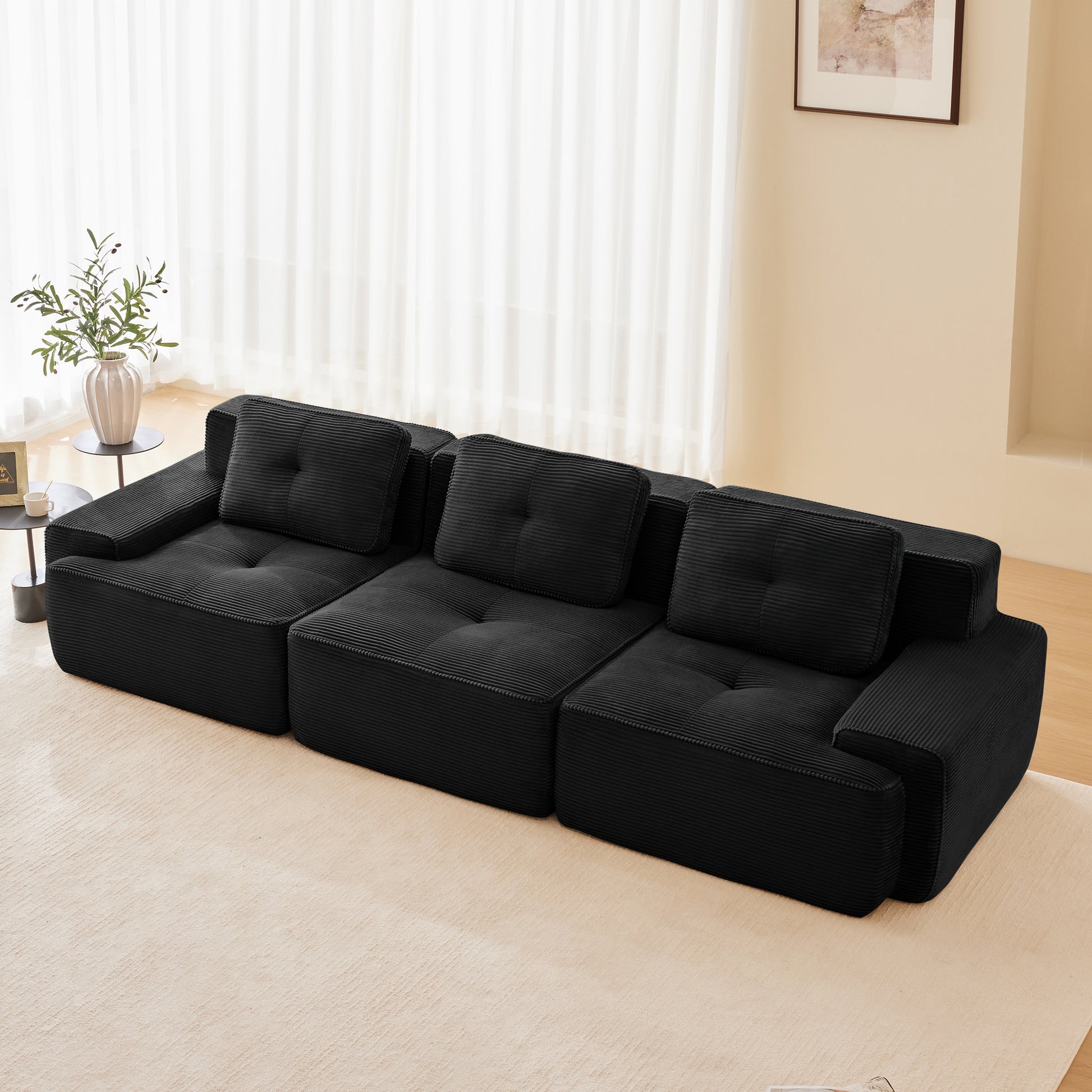 117" Modern Modular Sectional Sofa for Living Room, Corduroy Fabric,Oversized 3-Seater Couch with Deep Seat, Pearl-like piping, Tufted Design,Buckle connection,No Assembly,Anti-slip Design,Black image 2