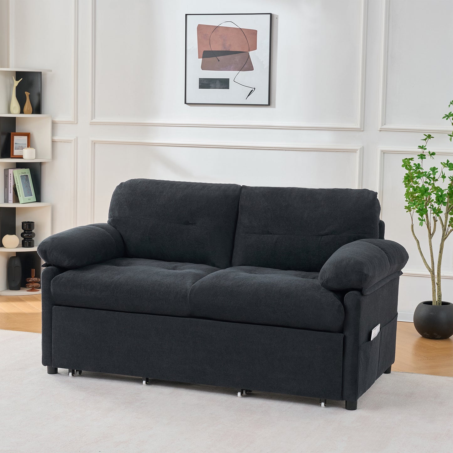 Convertible Pull Out Sofa Bed Queen Size, 3-in-1 Convertible Sleeper Couch with Thicked Cushions and Side Storage,Multi-Functional chenille Loveseat Sofa for Living Room,Bedroom,Apartment,Office,Black image 3
