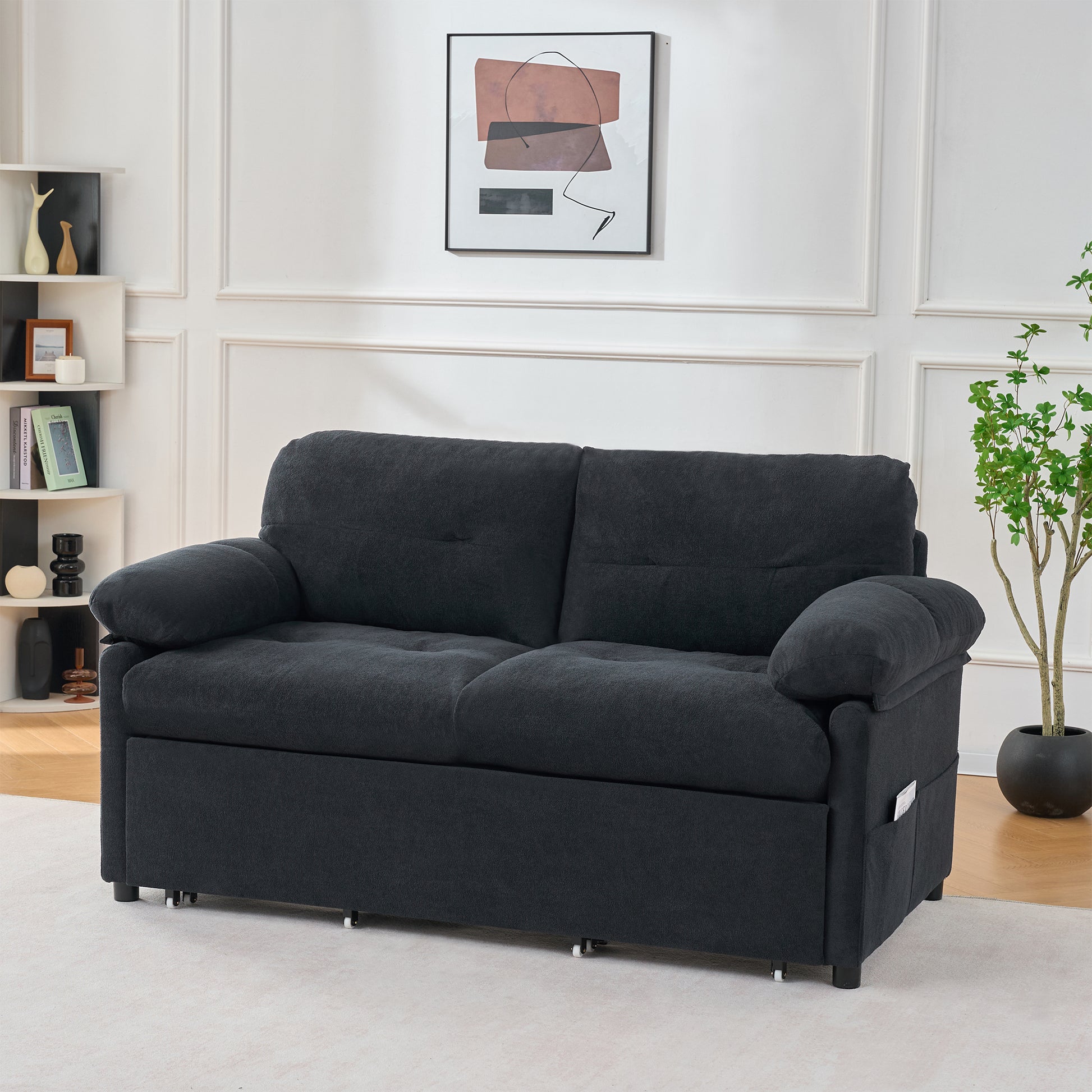 Convertible Pull Out Sofa Bed Queen Size, 3-in-1 Convertible Sleeper Couch with Thicked Cushions and Side Storage,Multi-Functional chenille Loveseat Sofa for Living Room,Bedroom,Apartment,Office,Black image 3