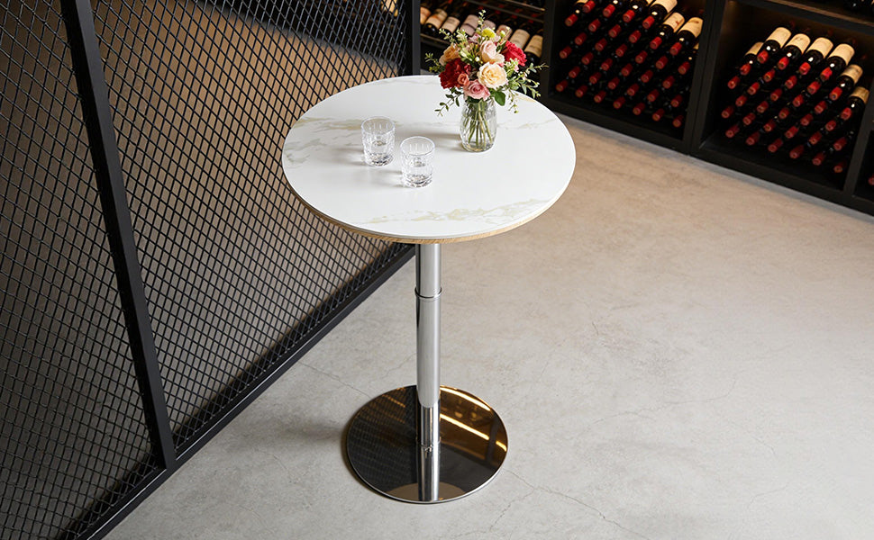 Rock slab circular tabletop non adjustable (39 inches high) bar table, bar table with silver legs and base (white) image 8