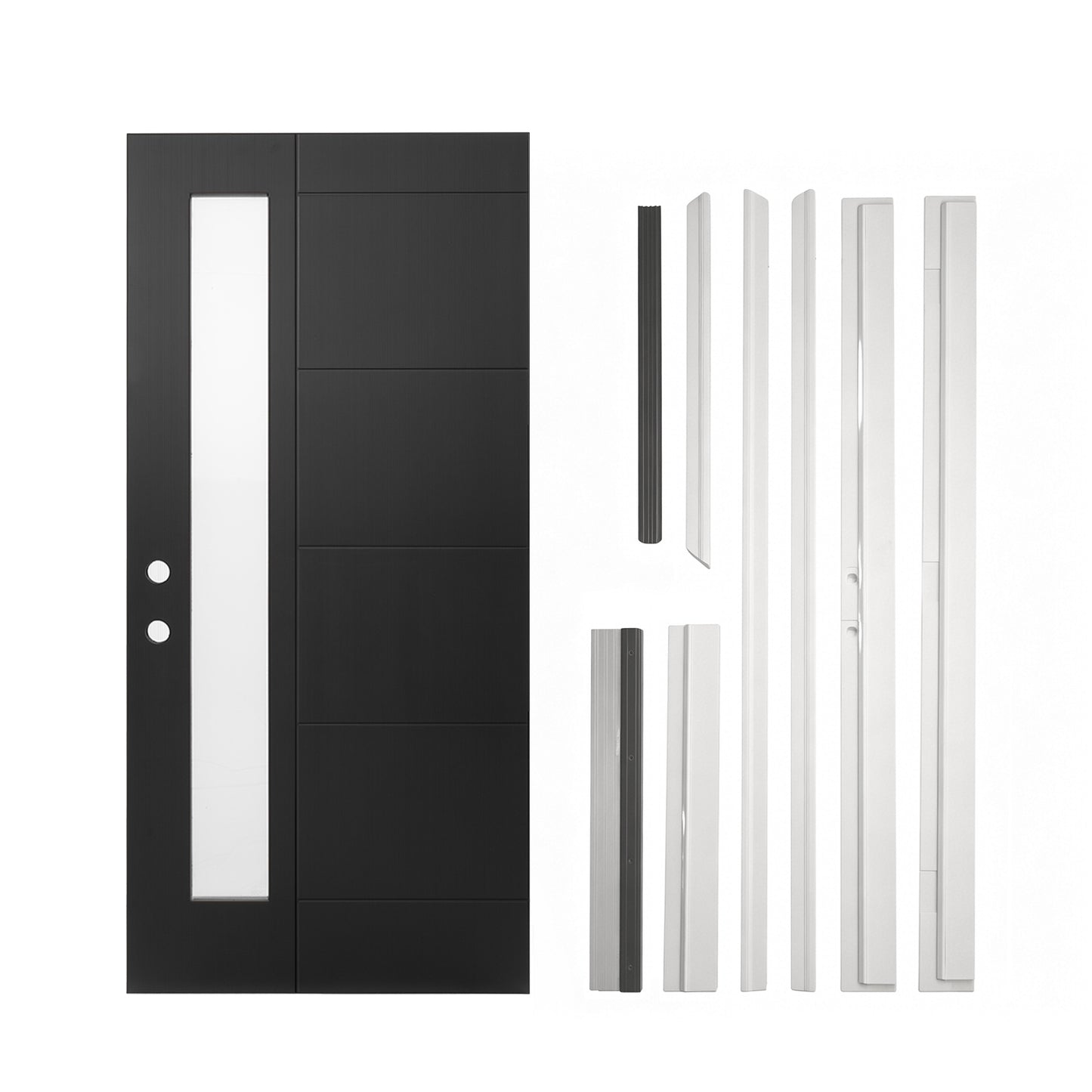 36"x80" Fiberglass Front Door with White 4-9/16" PVC Frame,Right-Hand Inswing Exterior Door with Brickmould,Contemporary minimalist brushed skin & Grooved line with frosted glass for Home Entrance, Bl image 4