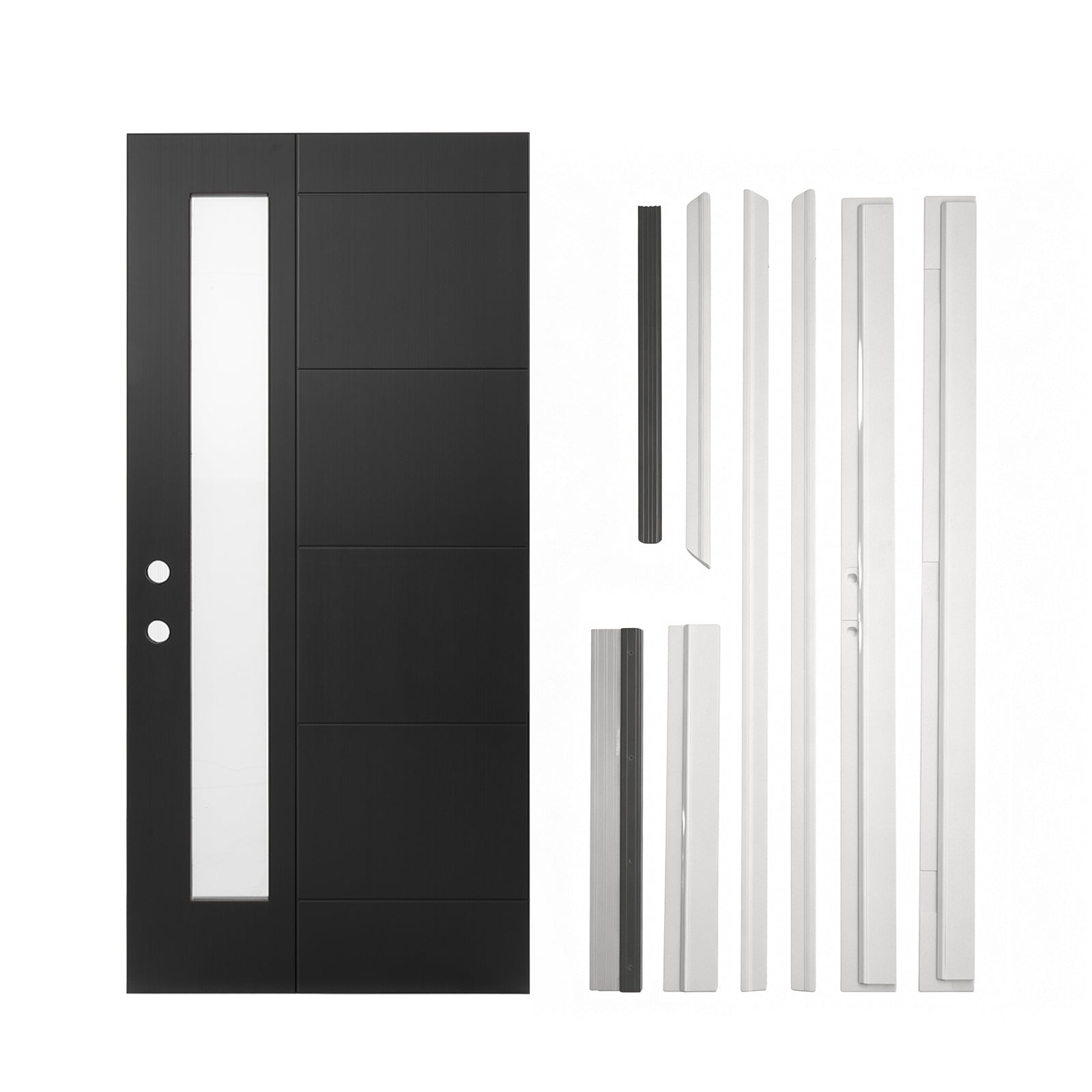 36"x80" Fiberglass Front Door with White 4-9/16" PVC Frame,Right-Hand Inswing Exterior Door with Brickmould,Contemporary minimalist brushed skin & Grooved line with frosted glass for Home Entrance, Bl image 4