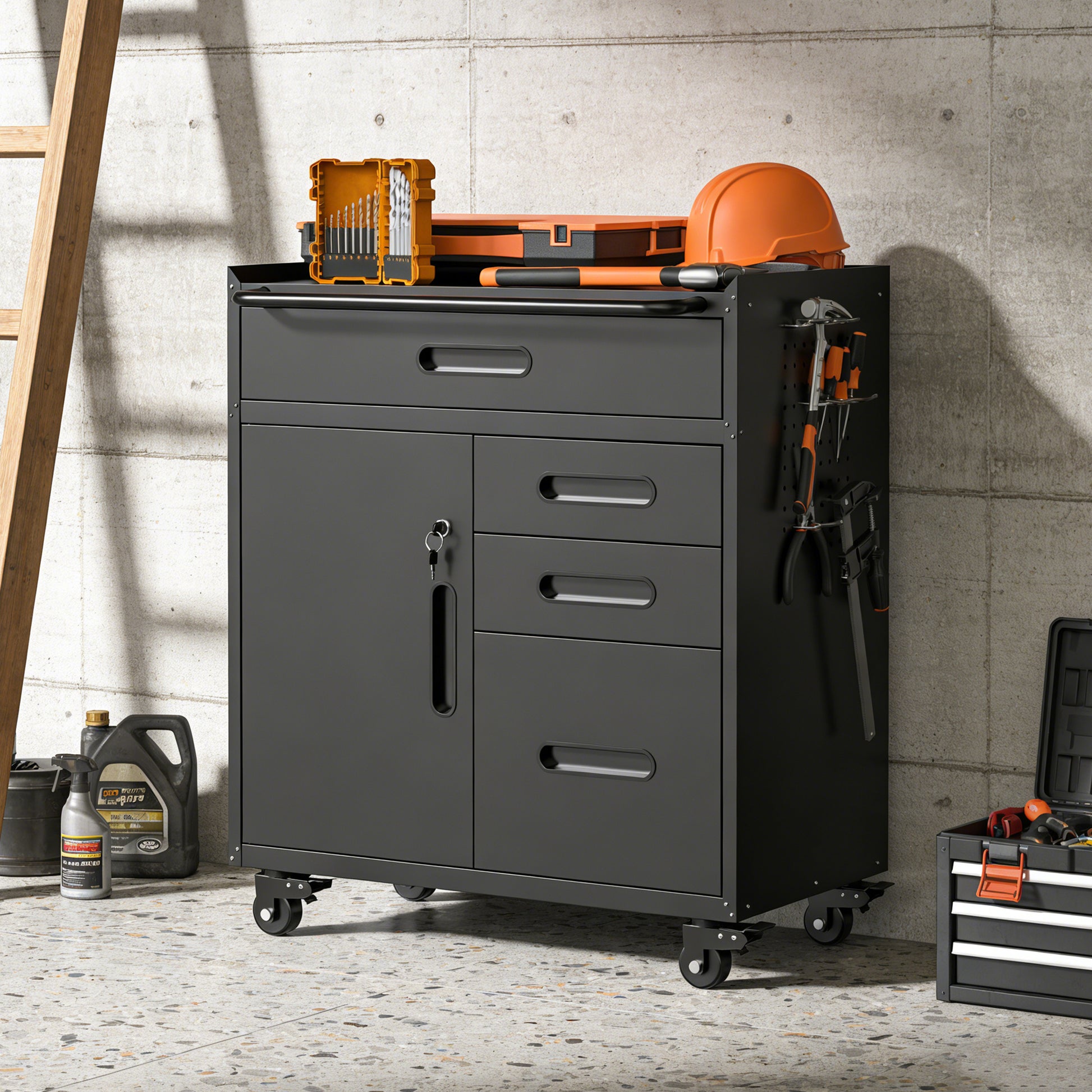 34.3" Mobile Tool Storage Cabinet - Garage Organizer with Lockable Compartment & 4 Drawers, Rolling Steel Chest for Workshop and Home Garage image 1