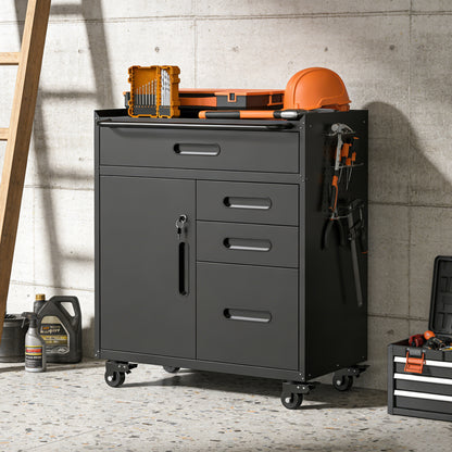 34.3" Mobile Tool Storage Cabinet - Garage Organizer with Lockable Compartment & 4 Drawers, Rolling Steel Chest for Workshop and Home Garage image 1