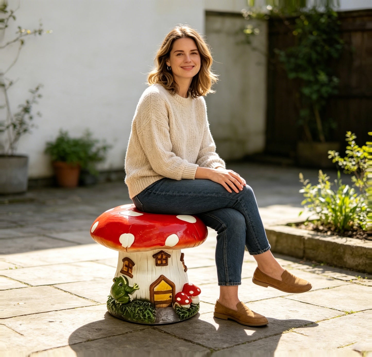 Fairy garden stool with mushroom cap and frog decoration
