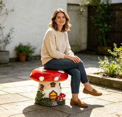 Fairy garden stool with mushroom cap and frog decoration
