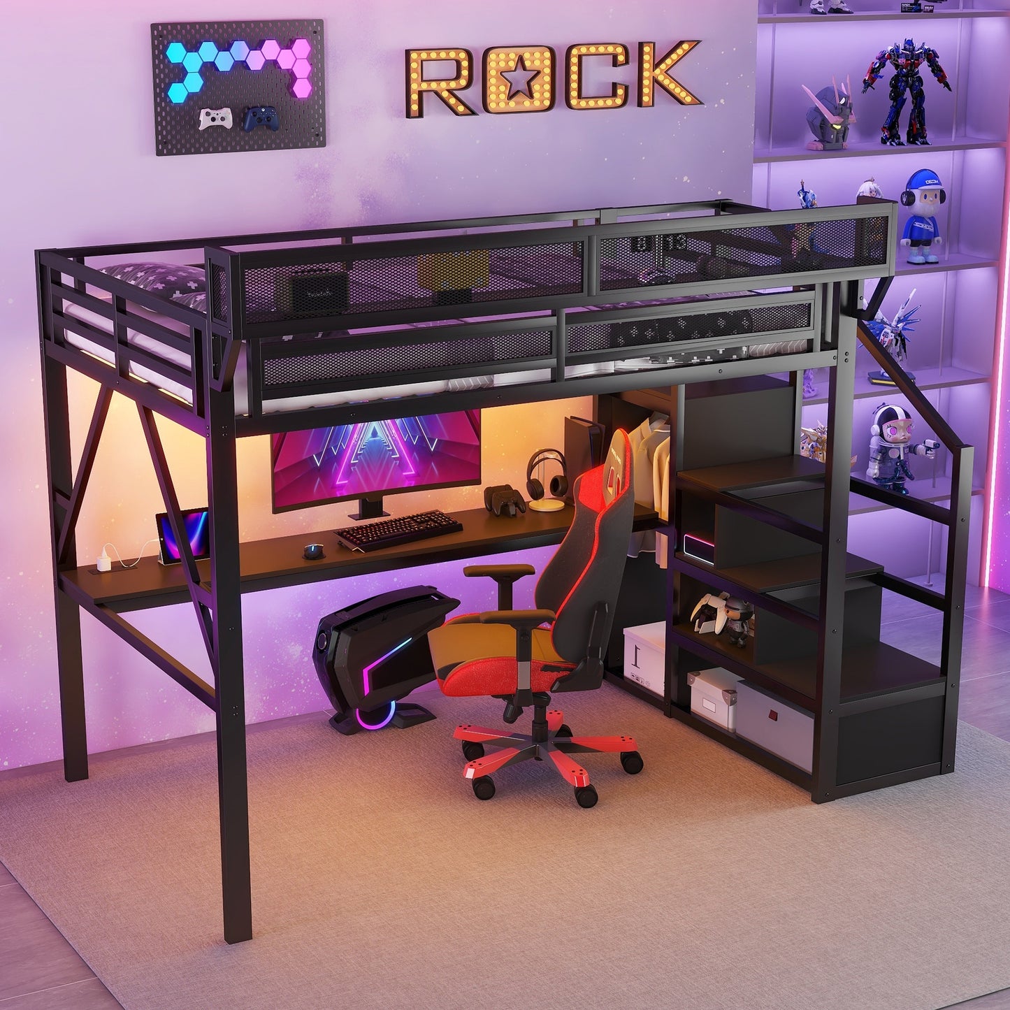 Full Loft Bed with Desk and Charging Station, Full Size Metal Loft Bed with Stairs and Light for Kids Teens, Black image 6