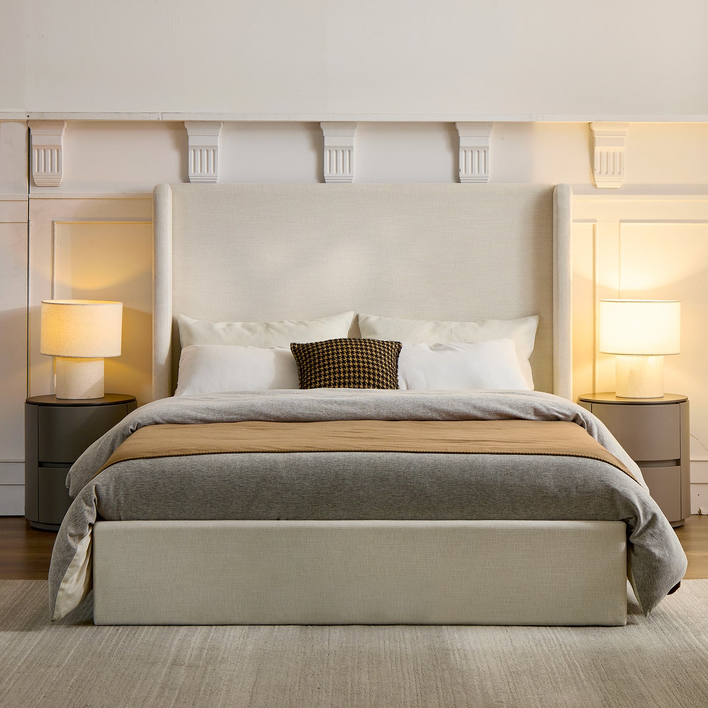 Carmen Upholstered Wingback Bed / Upholstered Platform Bed Frame / 52" High Headboard / Simplicity / Minimalist / No Box Spring Needed / California King / Textured Ivory Canvas / No Noise image 2