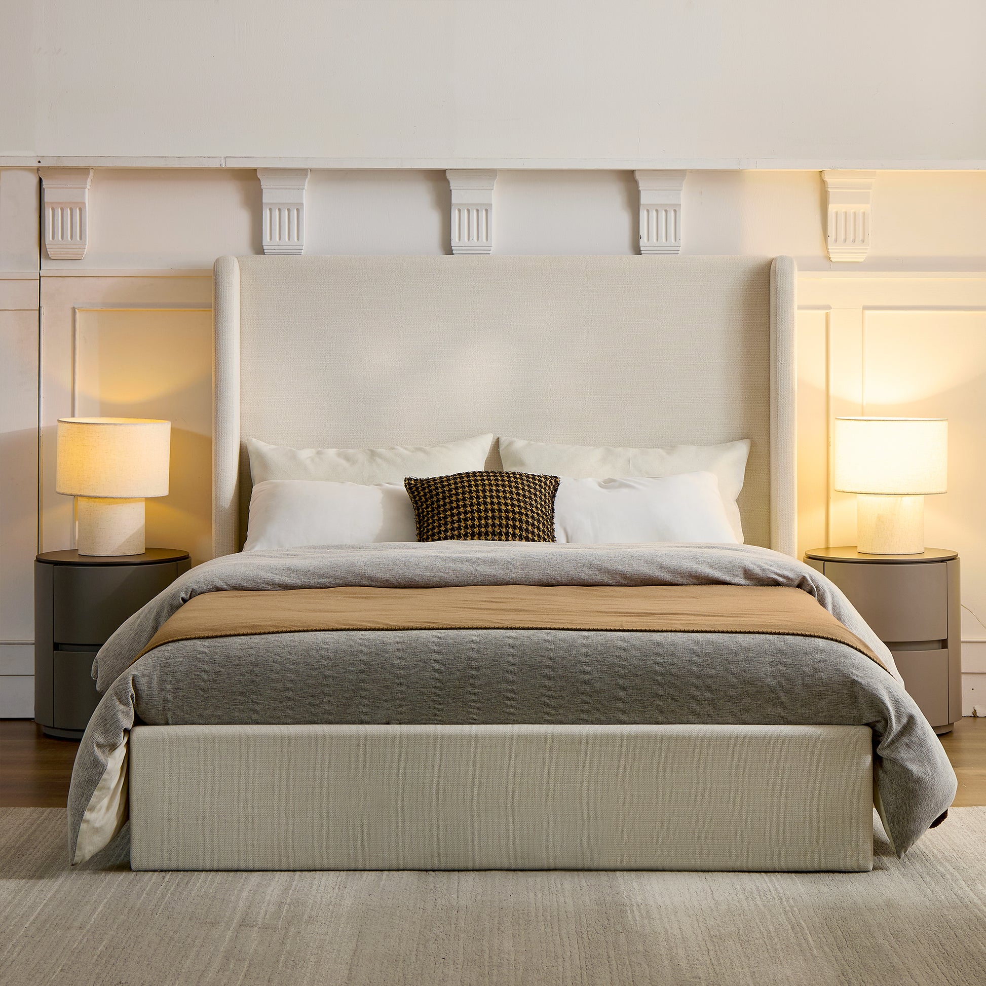 Carmen Upholstered Wingback Bed / Upholstered Platform Bed Frame / 52" High Headboard / Simplicity / Minimalist / No Box Spring Needed / California King / Textured Ivory Canvas / No Noise image 2
