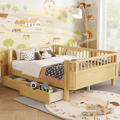 Full Size Wood Platform Bed for Kids, Wood Low Profile Full Bed with Rails for Girls and Boys, Natural (Old SKU W2593P331687) image 1