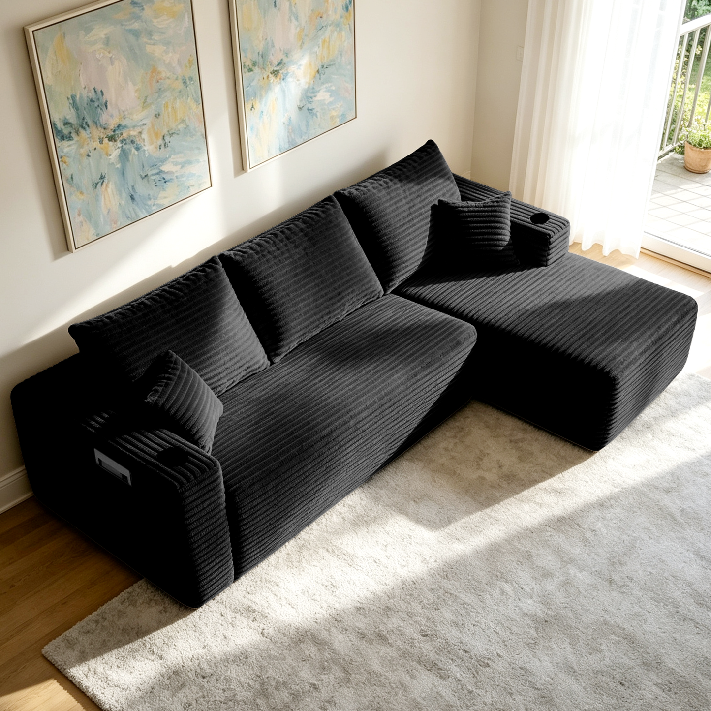 108" Cloud Sectional Sofa with L-Shape Chaise and Side Pockets, Modern Modular Design, Deep Seating, Upholstered Couch for Living Room/Bedroom, No Assembly Required (Plush Fabric), Black, Right image 3