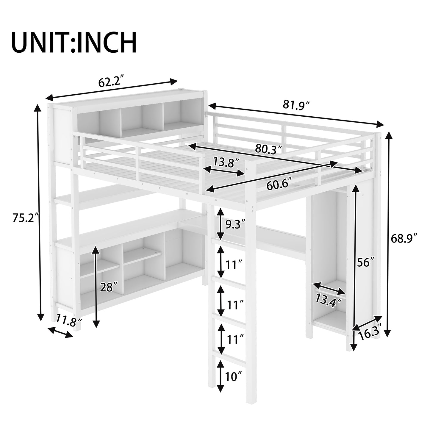 Metal Loft Bed with Wardrobe And L-shaped Desk, Queen Size Loft Bed with Storage Cubes and Shelves, Heavy Duty Loft Bed for Kids Teens Adults, White image 4