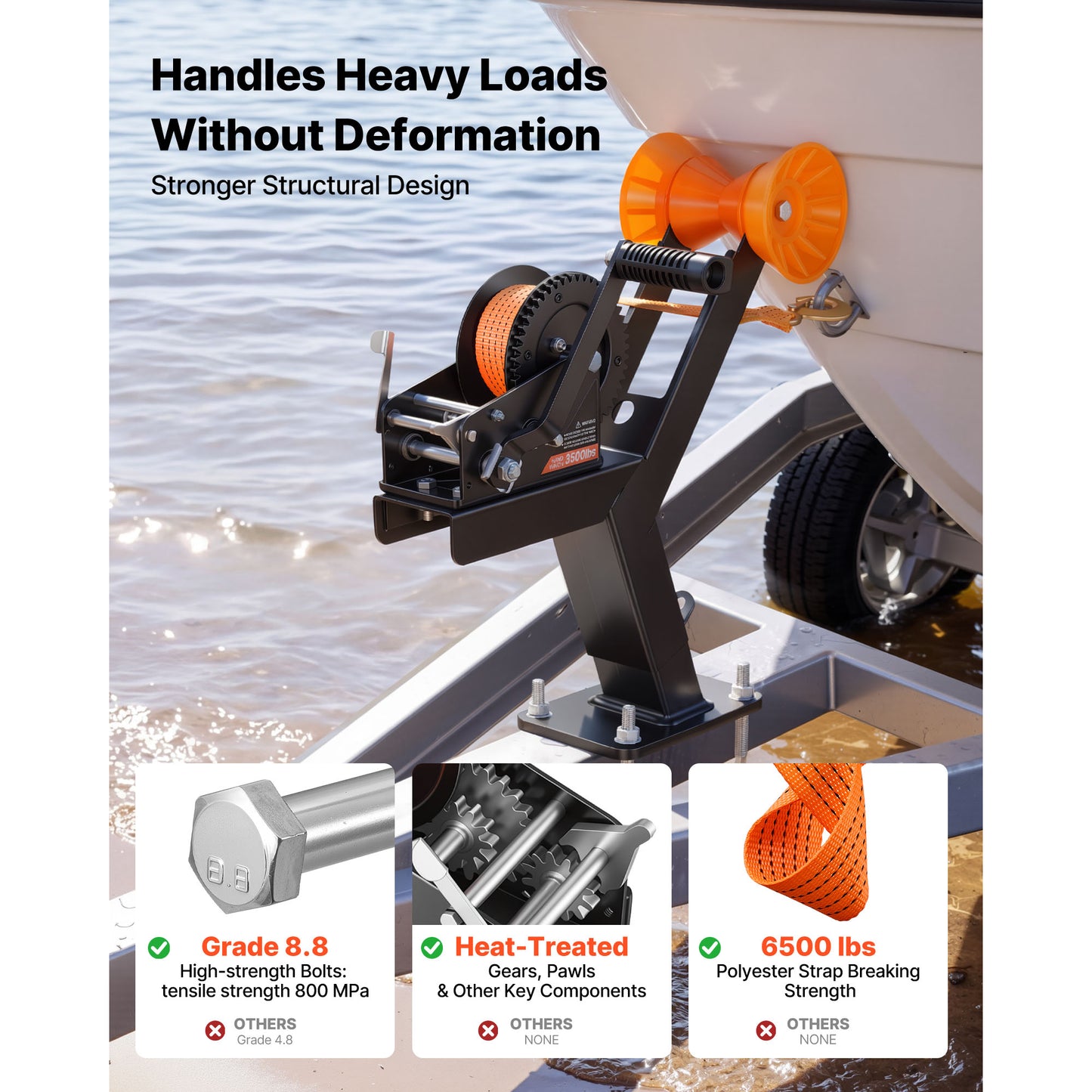 Boat Trailer Winch Stand with Roller, 3500 lbs, 20ft Orange Polyester Strap, Boat Winch Mount, for 2-3 Inches W x 3-4 Inches H Trailer Tongue, Fit for Jet Ski, Sailboat, Speedboat image 3