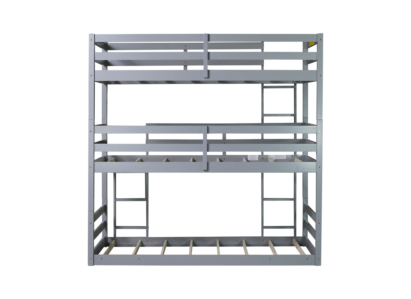 Triple Rubber Wood Bunk Bed with Two Built-in Ladders, Guardrails, Twin over Twin over Twin, Detachable Triple Twin Bunk Bed,Grey image 3
