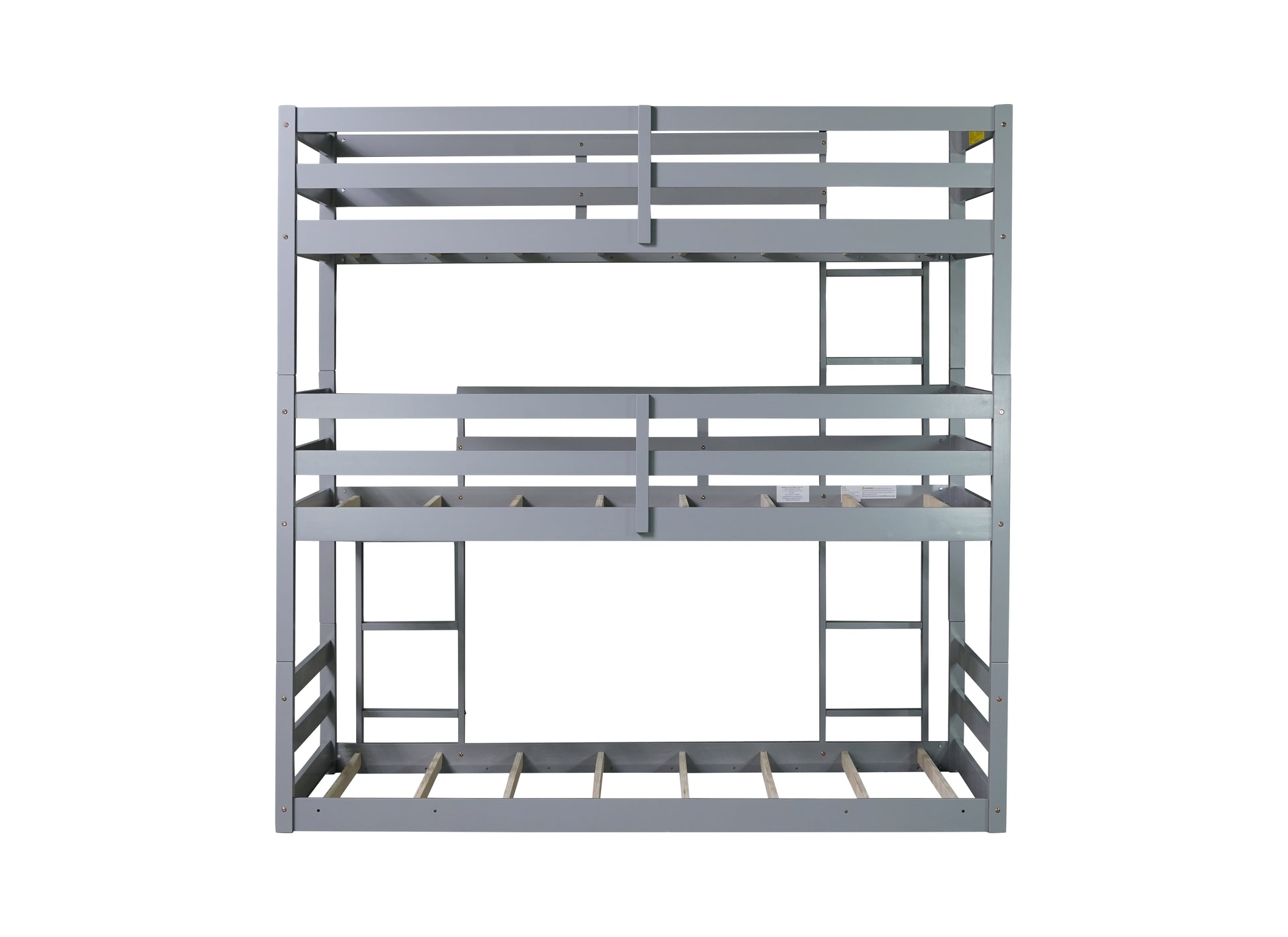 Triple Rubber Wood Bunk Bed with Two Built-in Ladders, Guardrails, Twin over Twin over Twin, Detachable Triple Twin Bunk Bed,Grey image 3