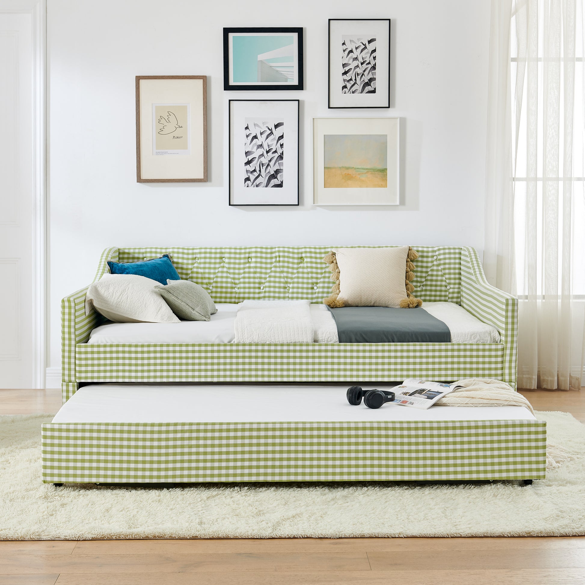 Full‑Size Daybed,Upholstered Convertible Daybed with Tufted Button Backrest, 3‑in‑1 Versatile Sofa Bed with Pull‑Out Trundle & Side Storage, Perfect for Compact Living-Green image 5