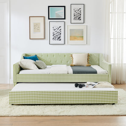 Full‑Size Daybed,Upholstered Convertible Daybed with Tufted Button Backrest, 3‑in‑1 Versatile Sofa Bed with Pull‑Out Trundle & Side Storage, Perfect for Compact Living-Green image 5