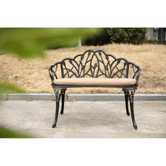 Tulip Patio Garden Bench Metal Park Bench Cast Aluminum Outdoor Furniture with Floral Rose for Patio,Park,Lawn,YardBlack withe cushion
