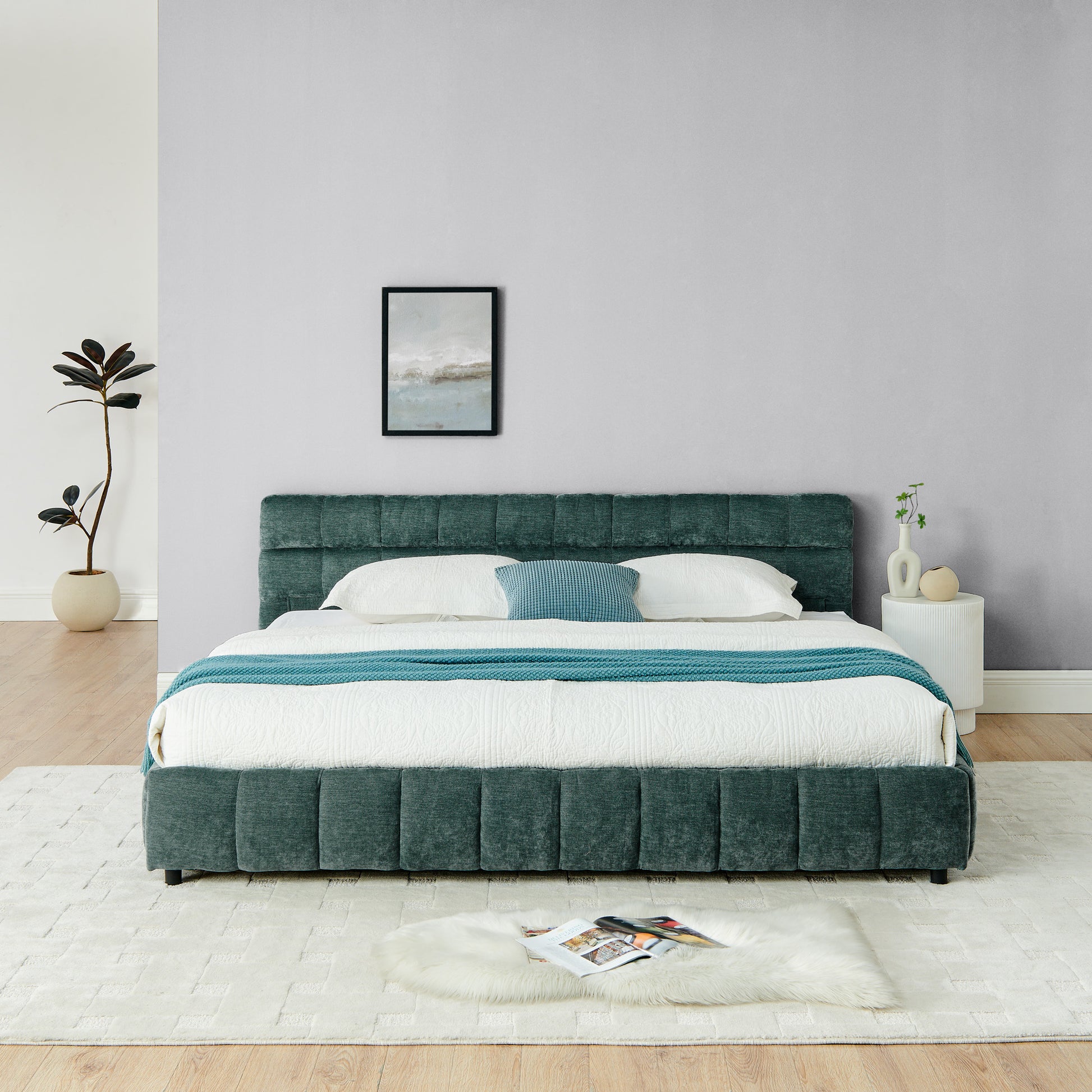 King Size Upholstered Bed,comfortable upholstered bed frame, Chenille fabric, with headboard and solid bed frame. With drawer for storage-green(88.5''*85.5''*31'') image 6