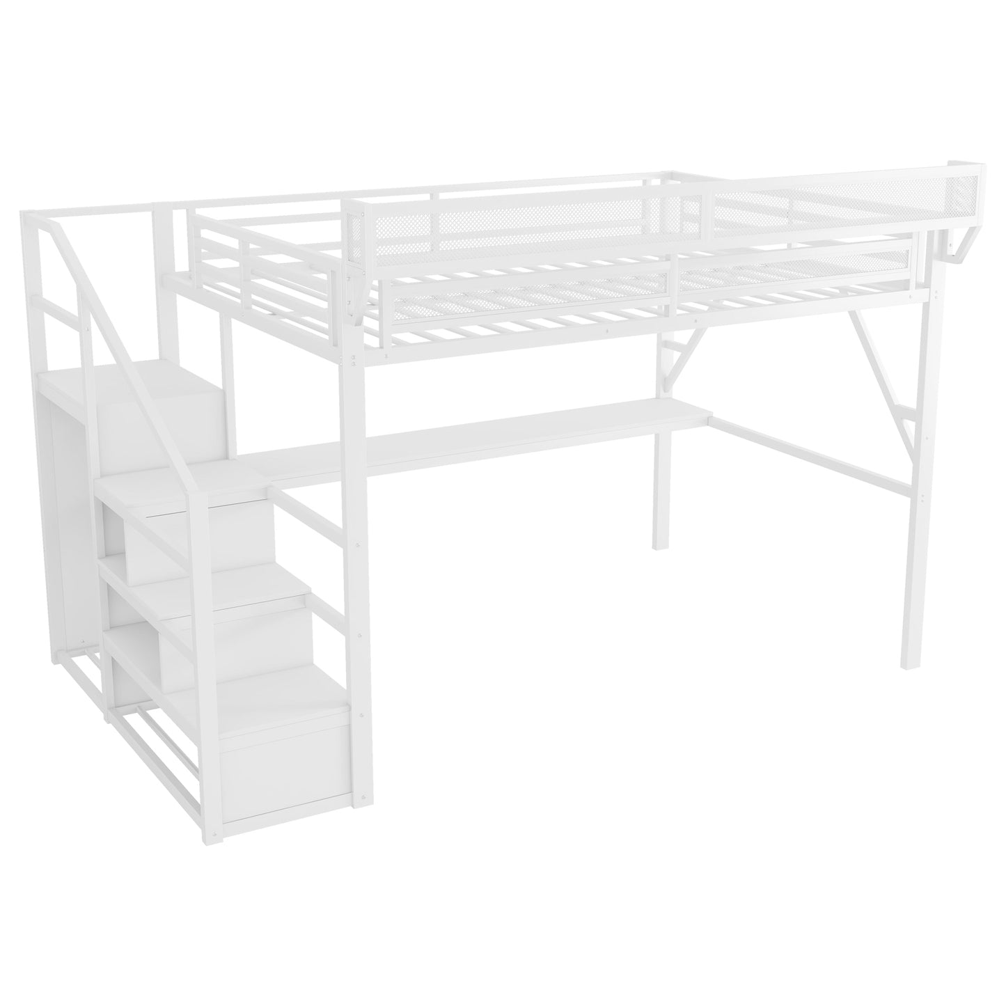 Queen Loft Bed with Desk and Charging Station, Queen Size Metal Loft Bed with Stairs and Light for Kids Teens,White(Old SKU W2580S00033) image 12