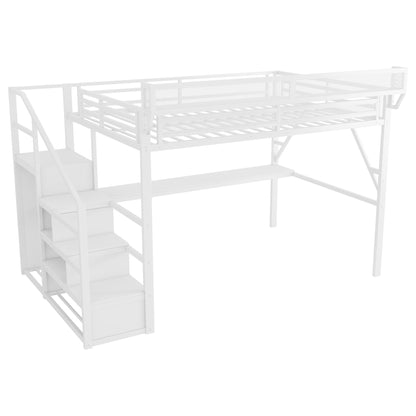 Queen Loft Bed with Desk and Charging Station, Queen Size Metal Loft Bed with Stairs and Light for Kids Teens,White(Old SKU W2580S00033) image 12