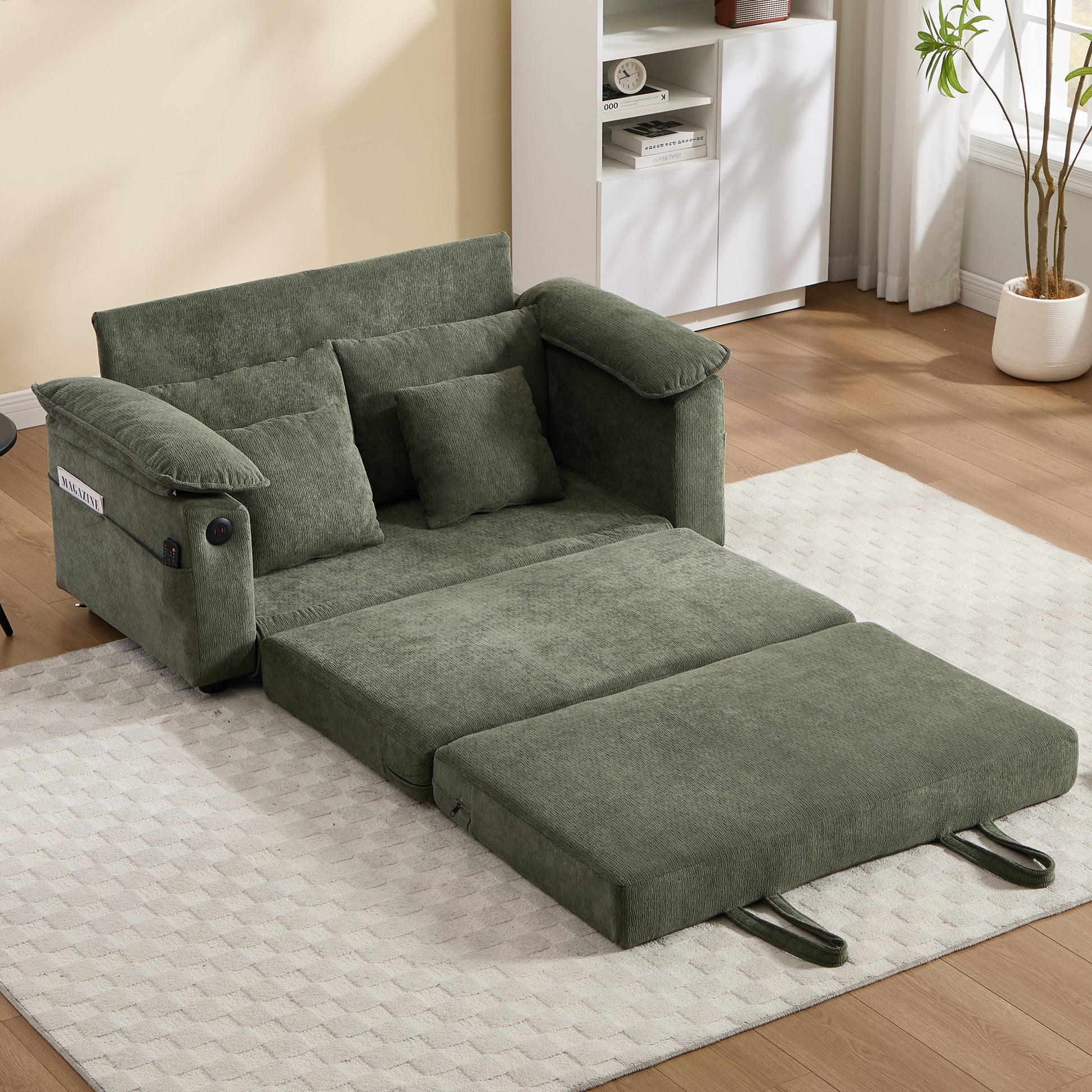 58 inch 3-in-1 Upholstered Futon Sofa Convertible Floor Sofa bed,Foldable Tufted Loveseat with Pull Out Sleeper Couch Bed,Folding Mattres Love Seat Daybed W/Side Pockets for Living Room Green image 8