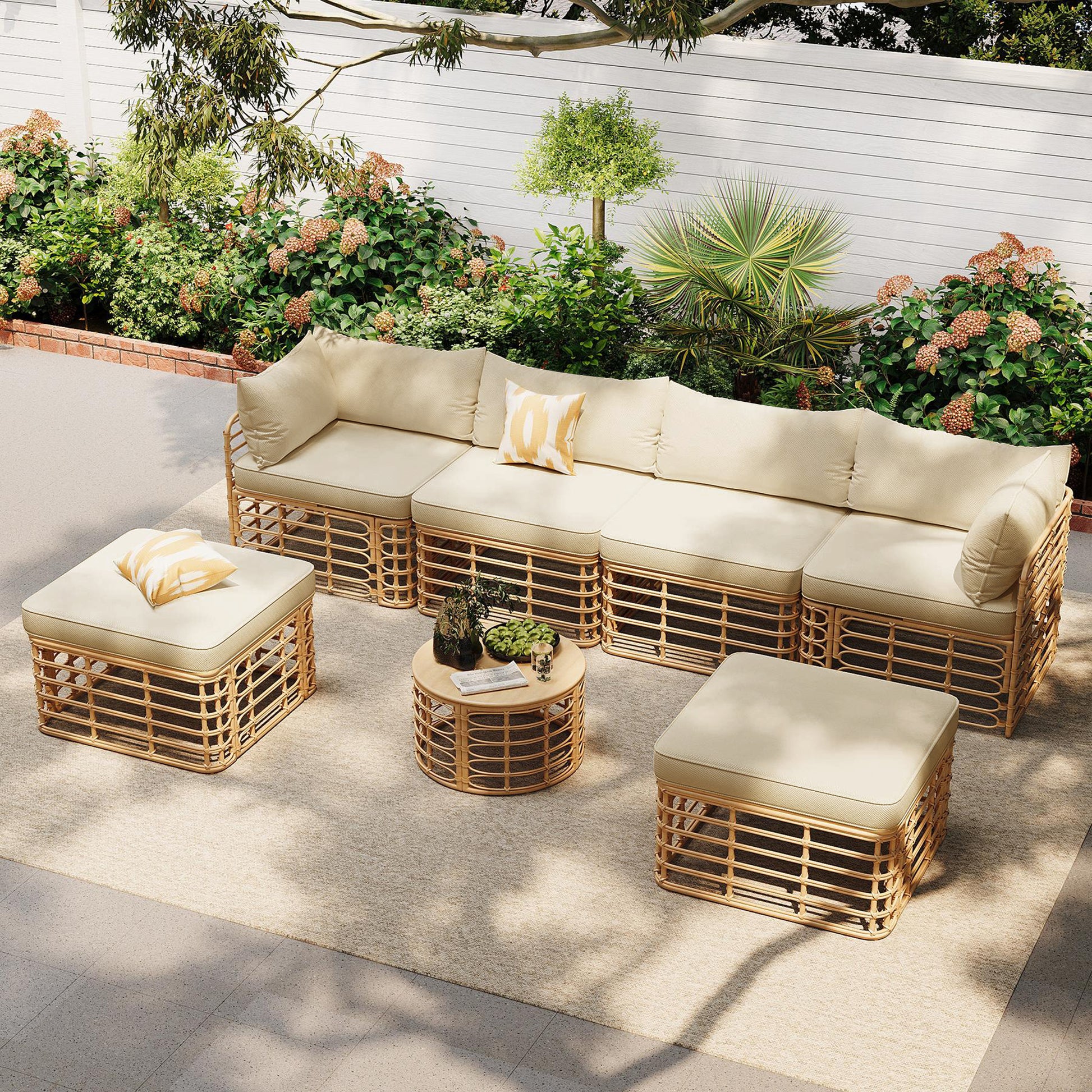 GO 7 Pieces Outdoor Patio Furniture, All-Weather Rattan Sectional Sofa Set with Thick Cushions and Pillows, Freely Combined Conversation Sets for Garden, Backyard, Balcony, Brown image 2