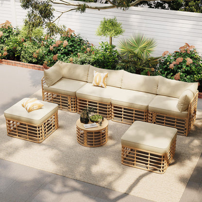 GO 7 Pieces Outdoor Patio Furniture, All-Weather Rattan Sectional Sofa Set with Thick Cushions and Pillows, Freely Combined Conversation Sets for Garden, Backyard, Balcony, Brown image 2