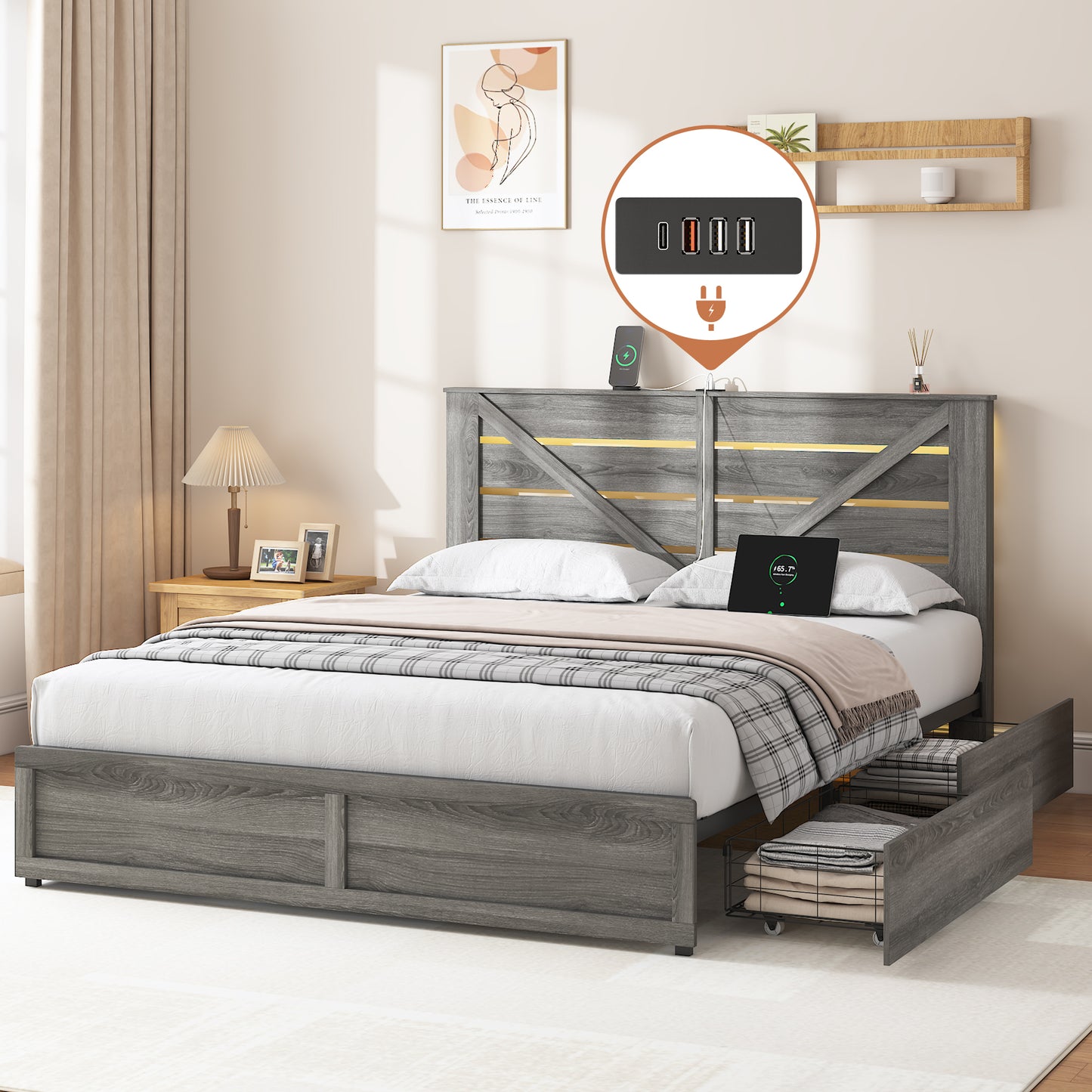 Queen-size Storage Bed Frame with Storage Headboard (4 Storage Drawers on Bed Body + LED Lighting) – Anti-slip & Noise-free Metal Mattress Support Platform + Sturdy Metal Slat Base, Grey image 2