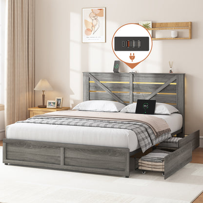 Queen-size Storage Bed Frame with Storage Headboard (4 Storage Drawers on Bed Body + LED Lighting) – Anti-slip & Noise-free Metal Mattress Support Platform + Sturdy Metal Slat Base, Grey image 2