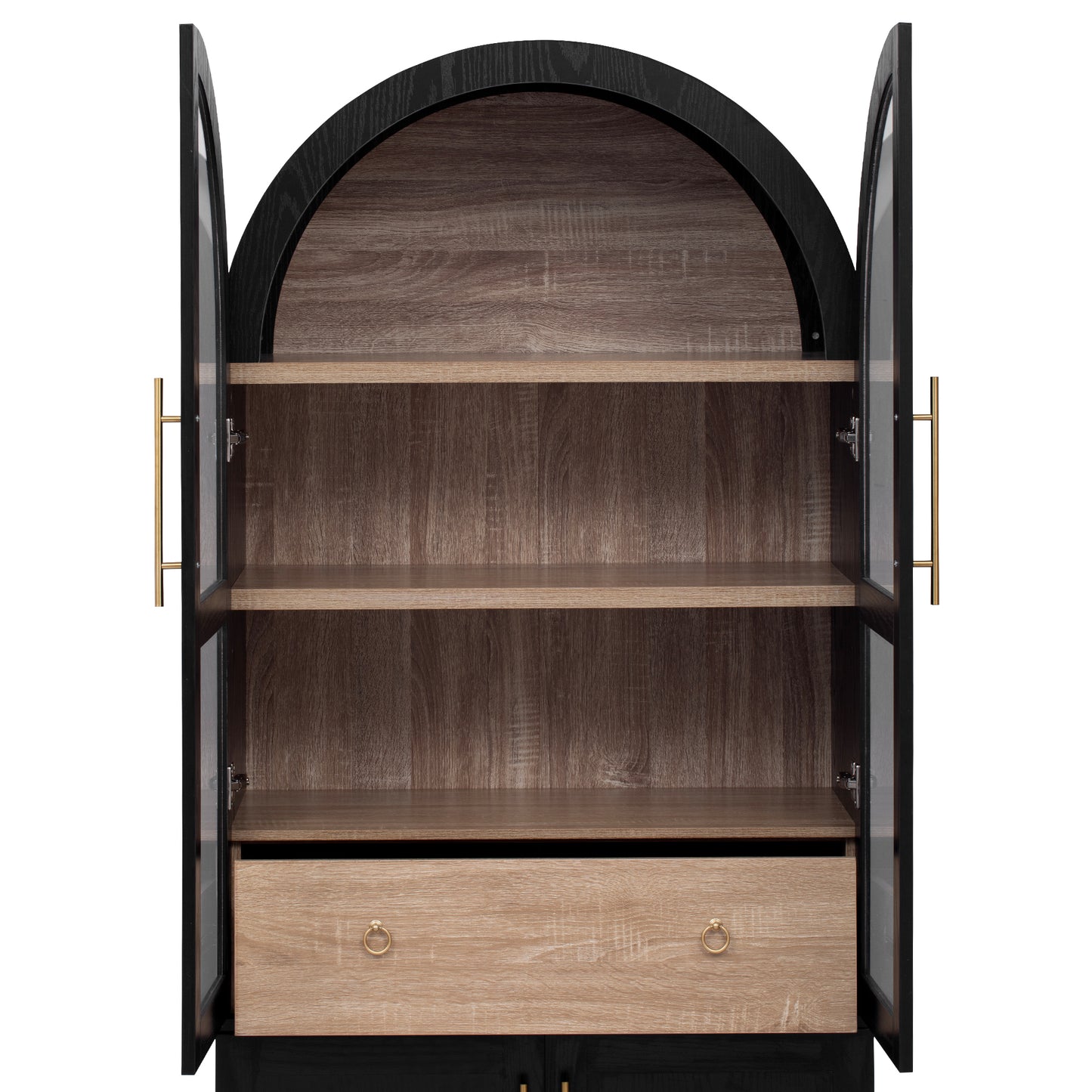 K&K 71" Tall Arched Kitchen Pantry Cabinet with Door Shelves, Farmhouse Kitchen Storage Cabinet with Open & Adjustable Shelves, Hidden Drawer & Glass Door, Cupboard for Kitchen, Dining Room, Black image 9