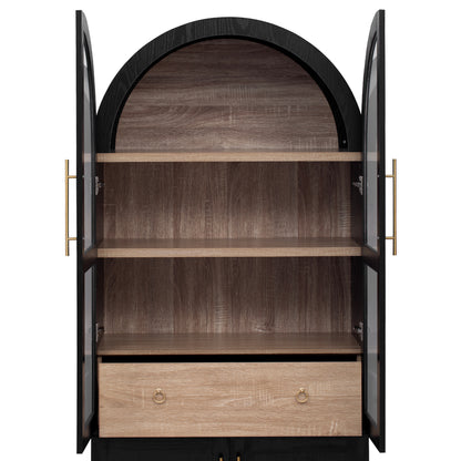 K&K 71" Tall Arched Kitchen Pantry Cabinet with Door Shelves, Farmhouse Kitchen Storage Cabinet with Open & Adjustable Shelves, Hidden Drawer & Glass Door, Cupboard for Kitchen, Dining Room, Black image 9