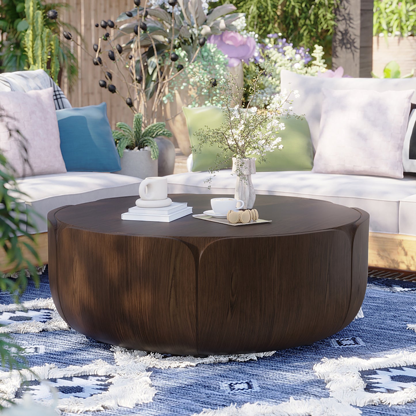 35.63" Round Outdoor Indoor Coffee Table, Modern Wood Grain Drum Center Table, Sturdy MGO (Magnesium Oxide) Waterproof, No-Assembly Table for Patio, Garden, Backyard, Living Room (Brown) image 5