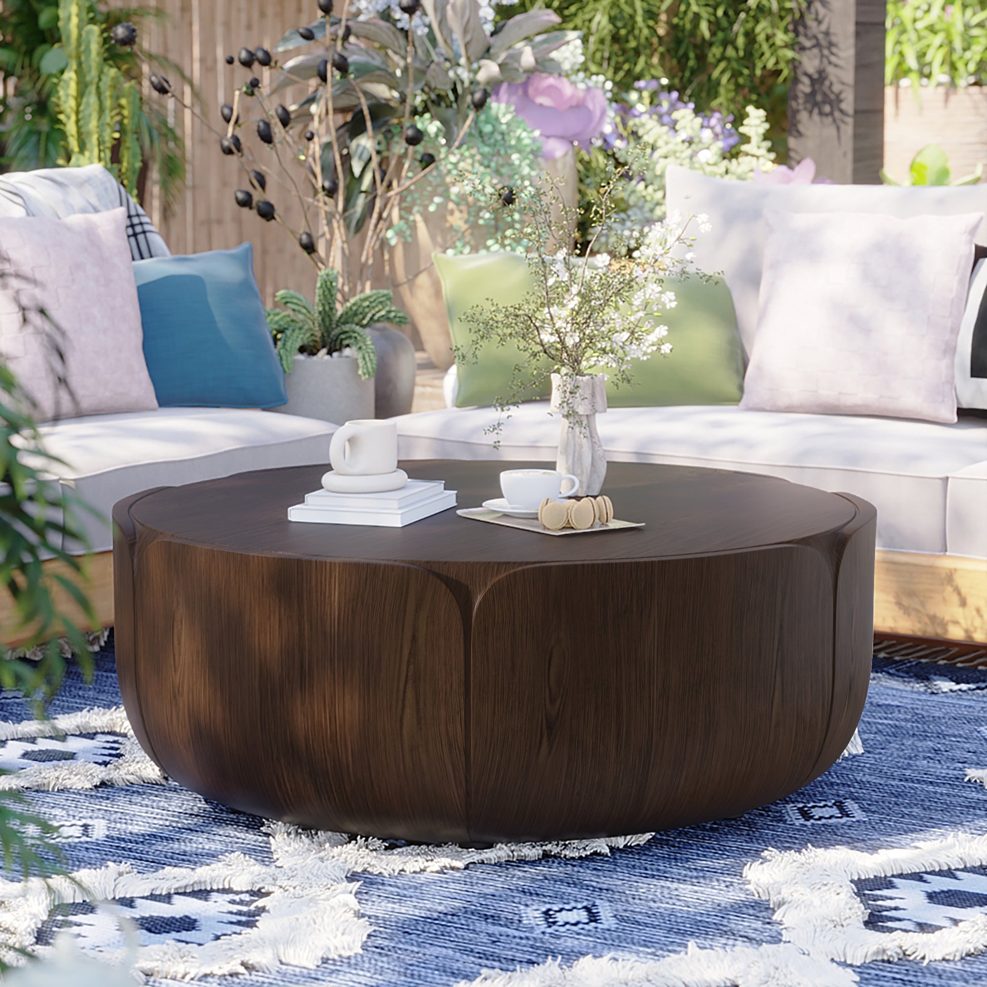 35.63" Round Outdoor Indoor Coffee Table, Modern Wood Grain Drum Center Table, Sturdy MGO (Magnesium Oxide) Waterproof, No-Assembly Table for Patio, Garden, Backyard, Living Room (Brown) image 5