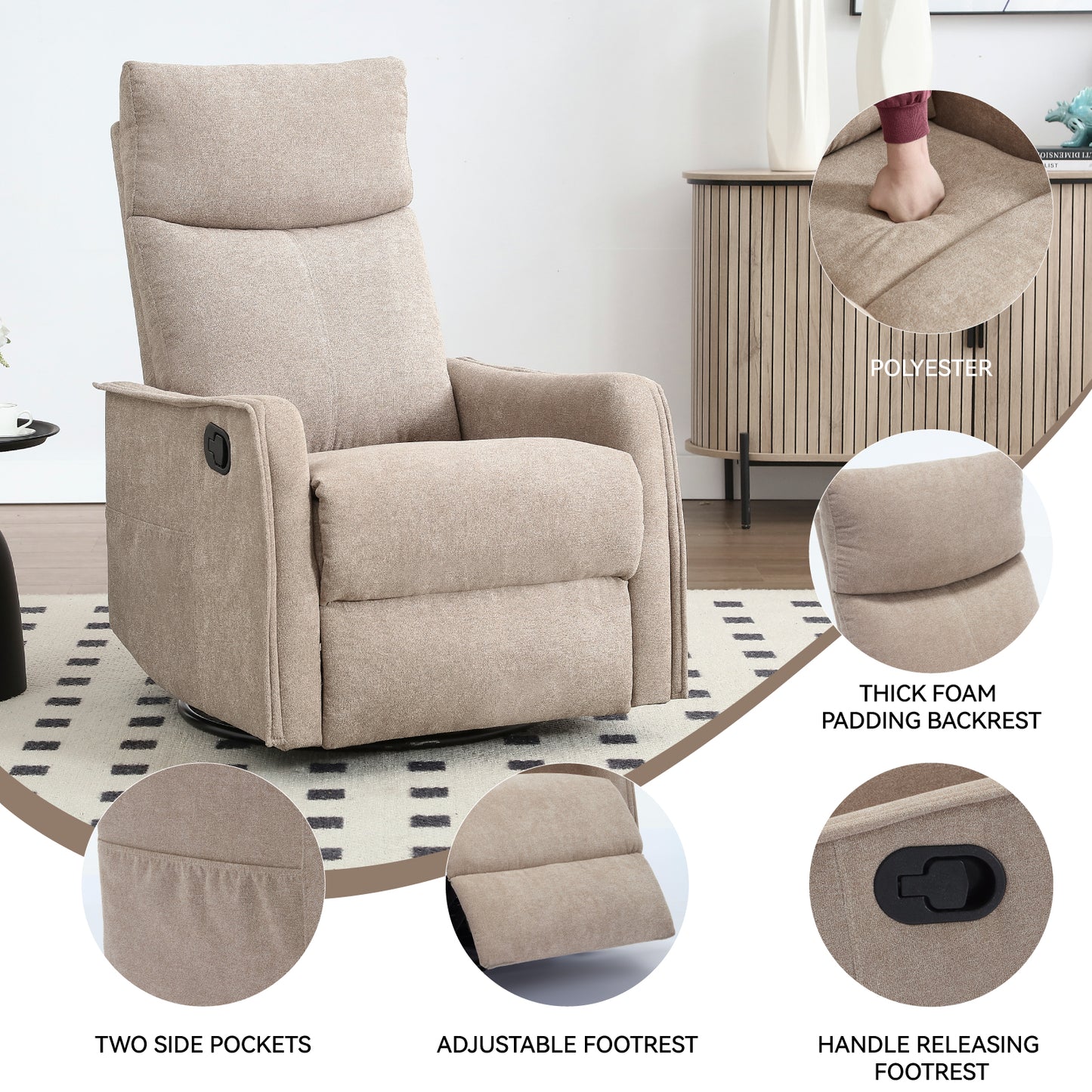 Heat Massage Manual Recliner Chair with Rocker and Swivel in Fabric for Living Room, Khaki image 10