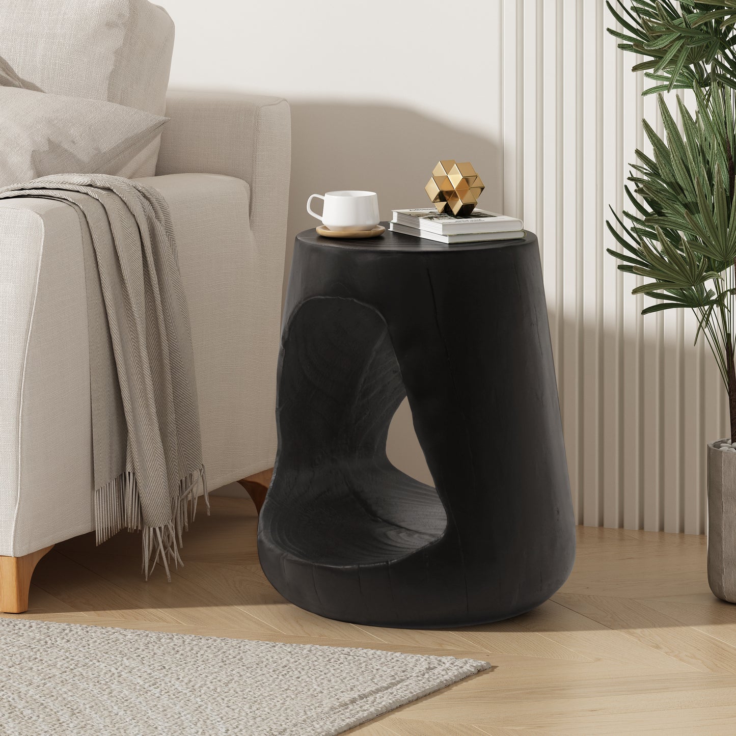 MGO Hollow Side Table, Wood-like texture, Black Color image 1