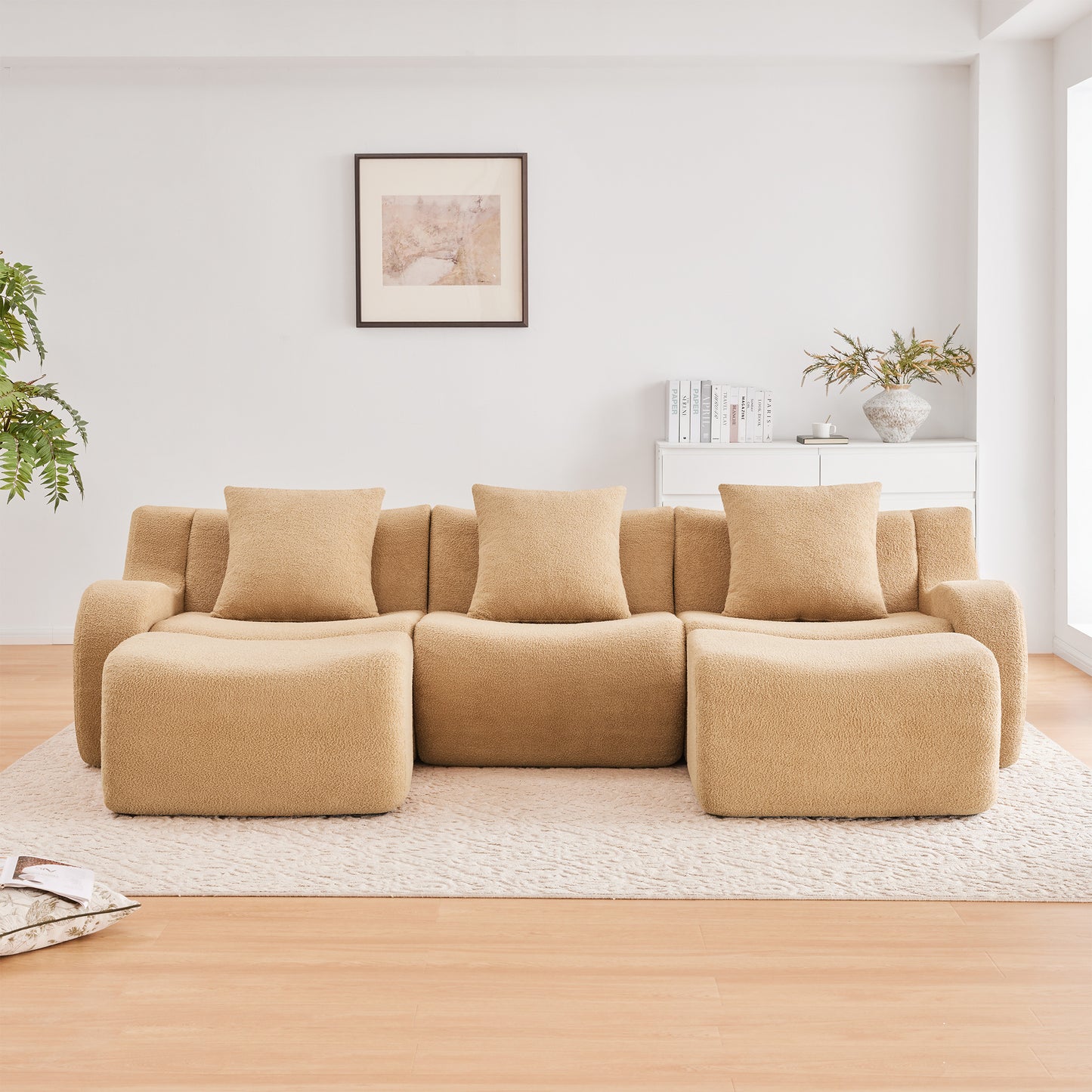 U-shaped Soft Teddy Fabric Boneless Sofa, Assembly Chaise,No Assembly Required Curved Armrest,Anti-Slip Design 32D High Density Sponge Streamlined Design,Fits Living Rooms Reading Nook,Camel image 3