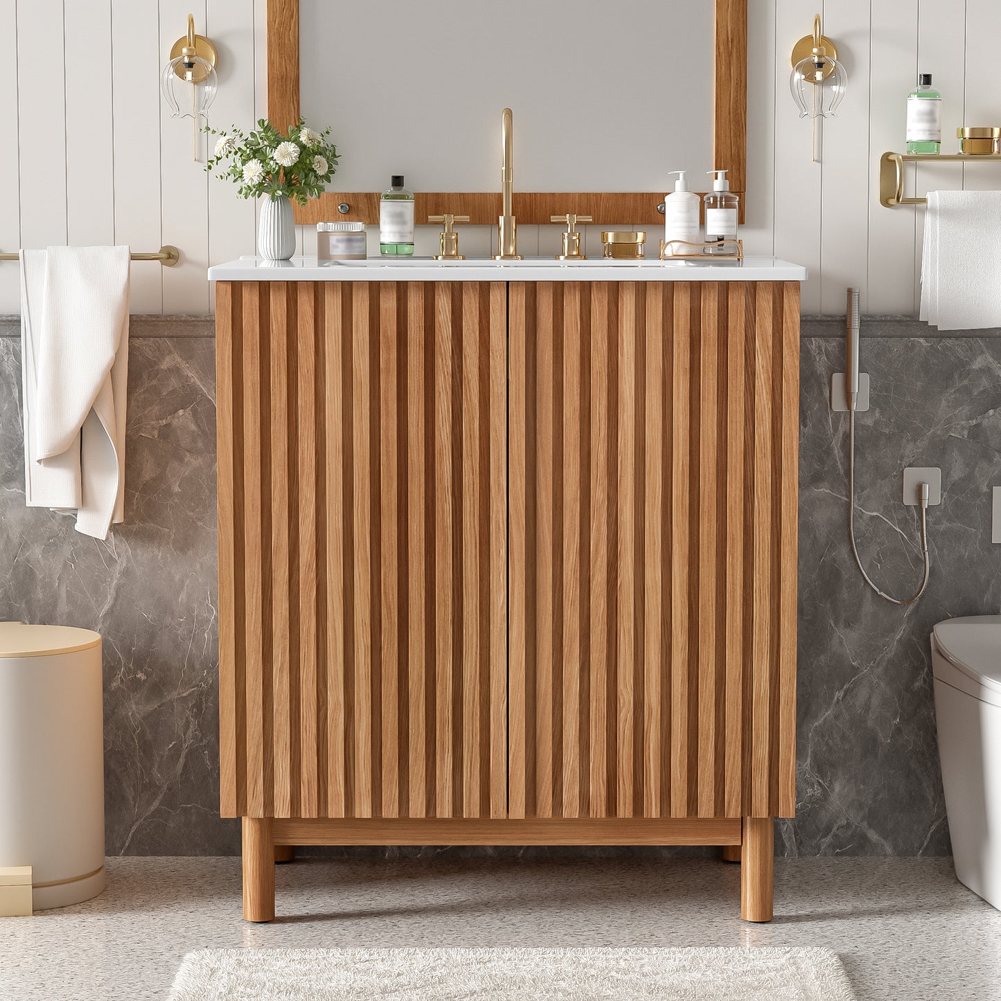29.9-inch Traditional Bathroom Vanity with Ceramic Sink, Solid Wood Legs, MDF U-Shaped Adjustable Shelf, Soft-Close Doors, and Space-Saving Storage image 1