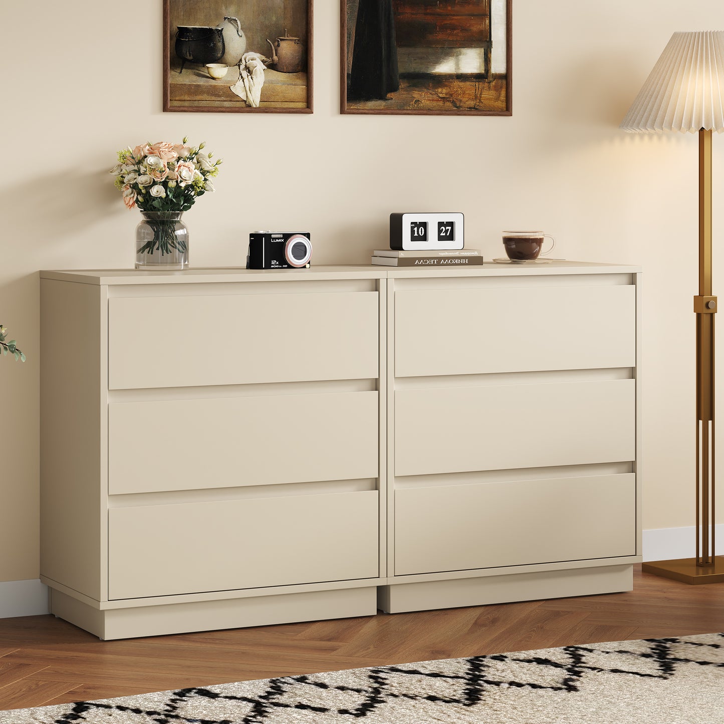 Large 3 Drawer Dresser Set of 2, Modern Nightstand for Bedroom, Wide Bedside Table with Hidden Pull-out System, Wooden Chest of Drawers for Living Room, Entryway, Beige image 1