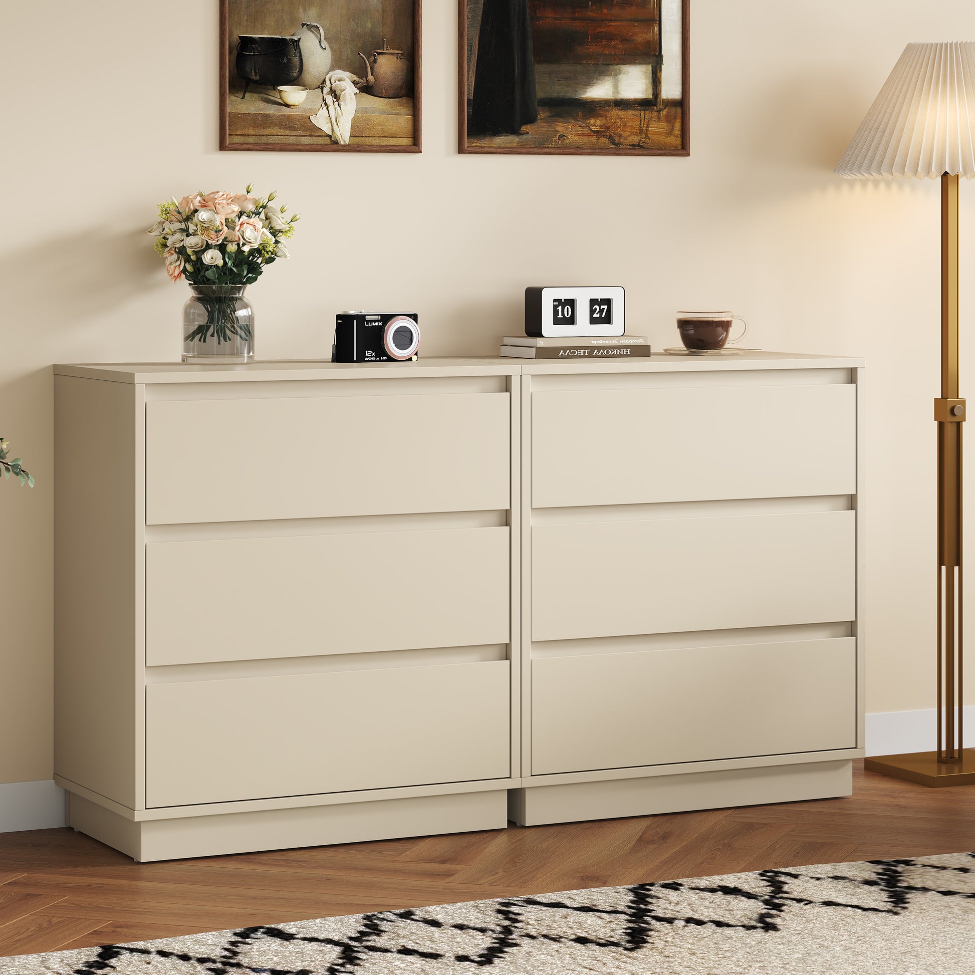 Large 3 Drawer Dresser Set of 2, Modern Nightstand for Bedroom, Wide Bedside Table with Hidden Pull-out System, Wooden Chest of Drawers for Living Room, Entryway, Beige image 1