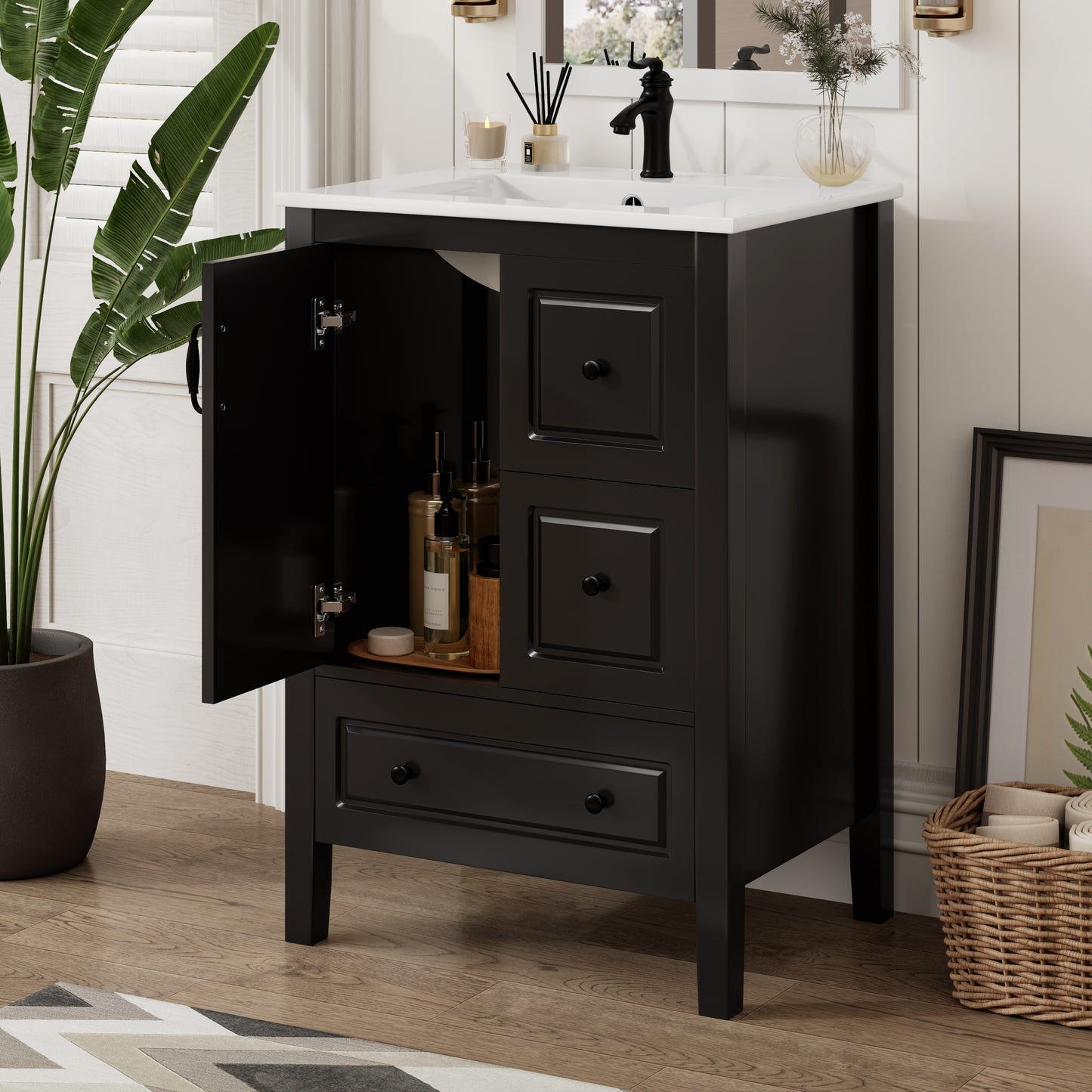 24 inch Bathroom Vanity with Sink, One Cabinet with Soft-closing Door, 3 Soft-closing Drawers, Retro Metal Handles, Black image 3