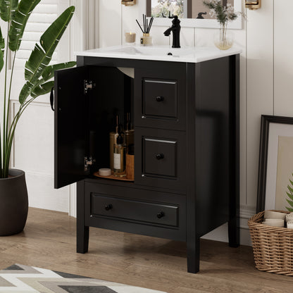 24 inch Bathroom Vanity with Sink, One Cabinet with Soft-closing Door, 3 Soft-closing Drawers, Retro Metal Handles, Black image 3